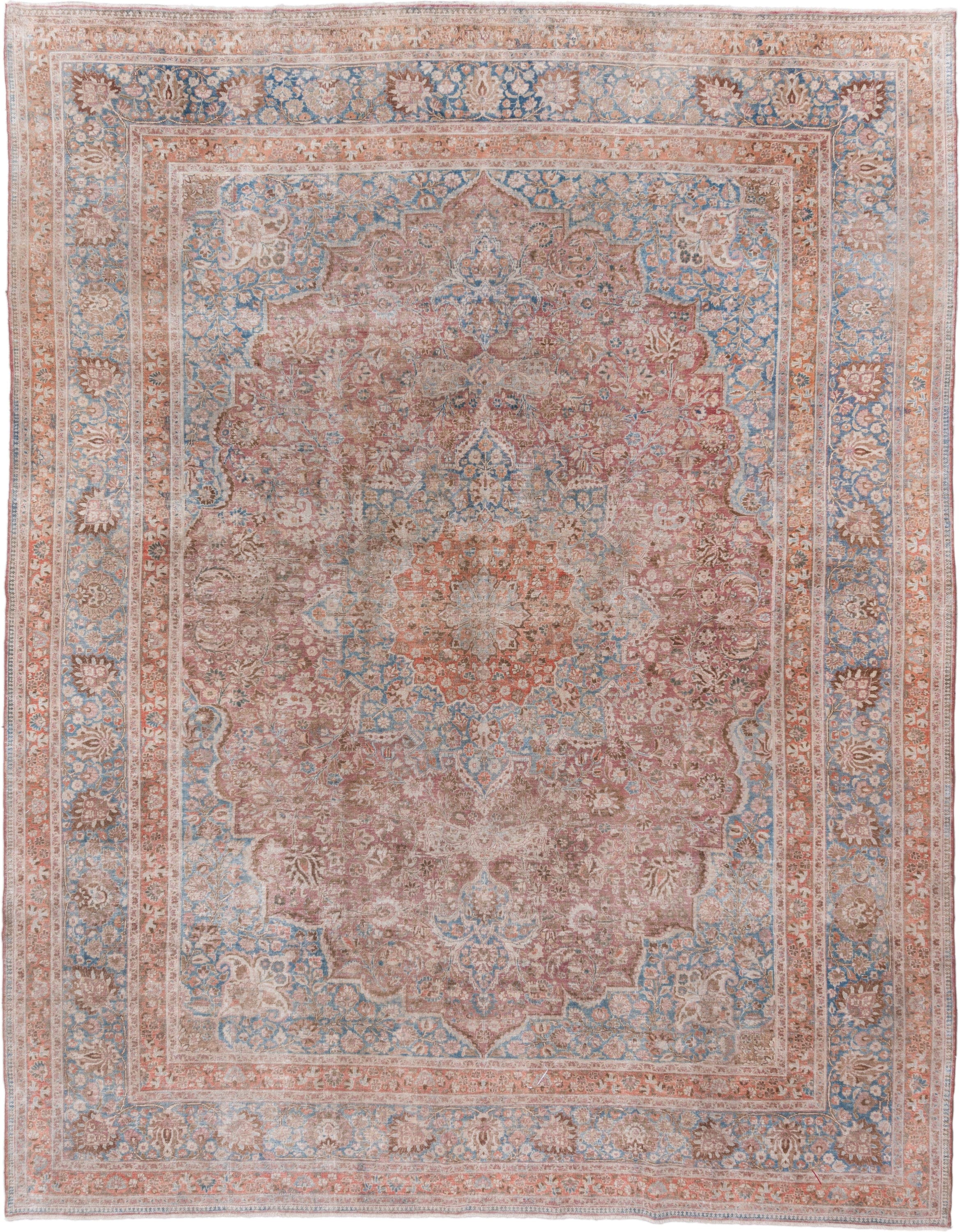 10' x 13' one-of-a-kind handmade vintage Meshed large size rug. Color palette: rose, sky blue, ivory, terra cotta, taupe