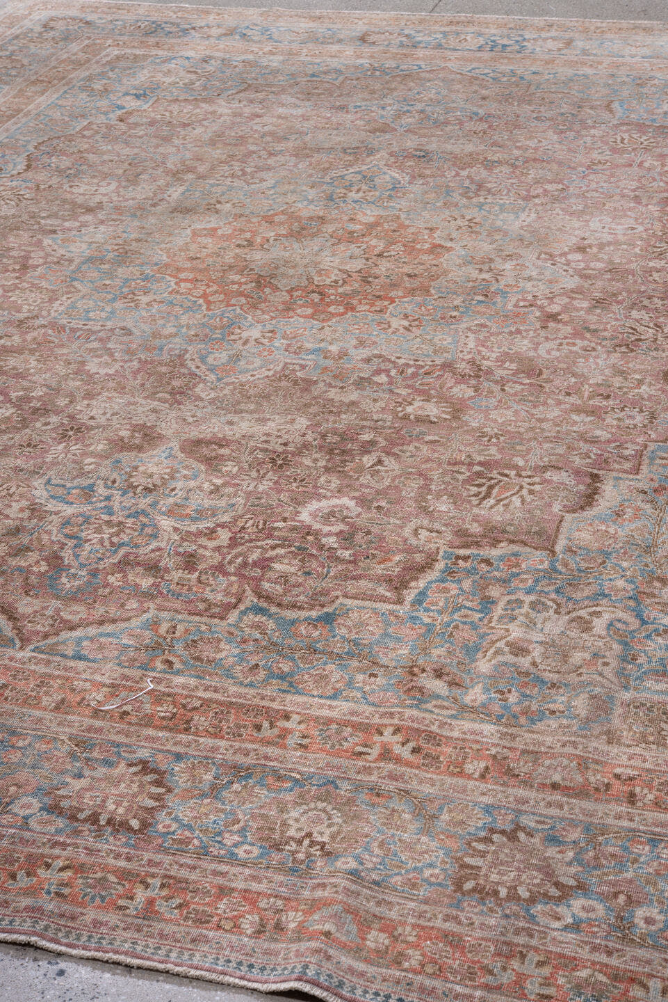 10' x 13' one-of-a-kind handmade vintage Meshed large size rug. Color palette: rose, sky blue, ivory, terra cotta, taupe