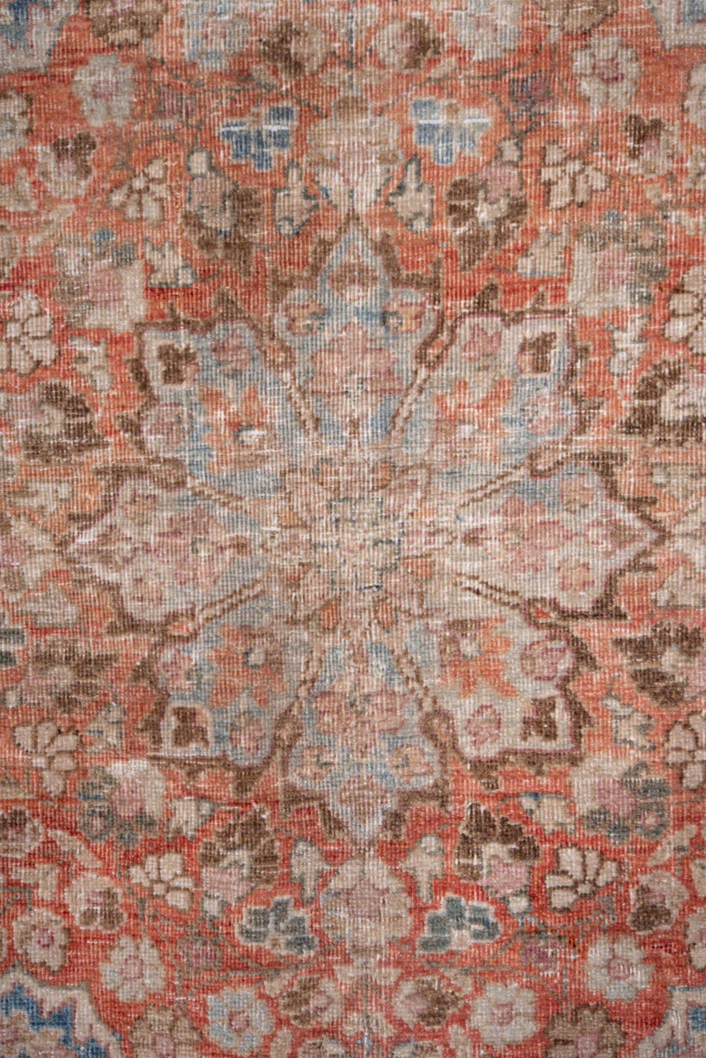 10' x 13' one-of-a-kind handmade vintage Meshed large size rug. Color palette: rose, sky blue, ivory, terra cotta, taupe