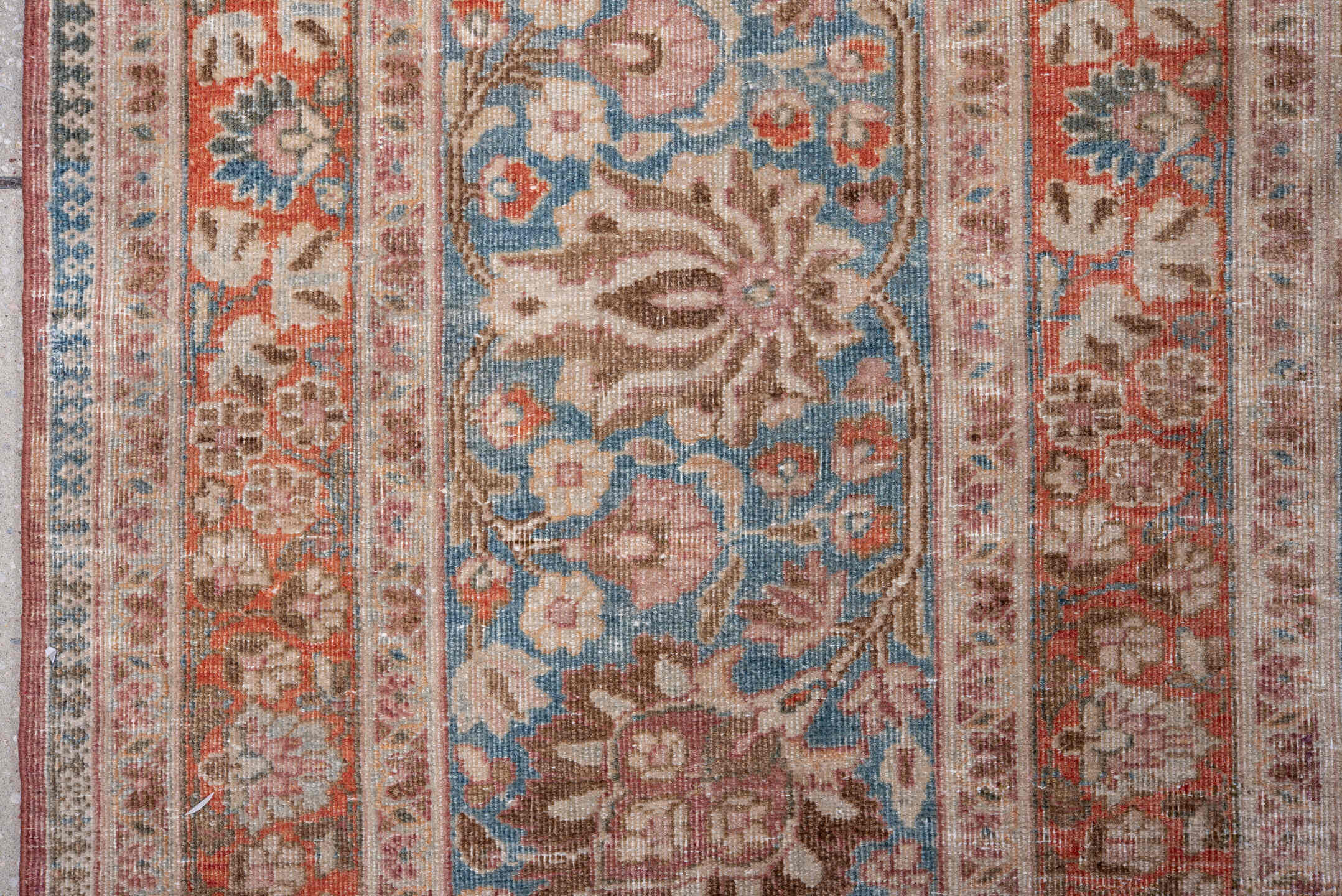 10' x 13' one-of-a-kind handmade vintage Meshed large size rug. Color palette: rose, sky blue, ivory, terra cotta, taupe