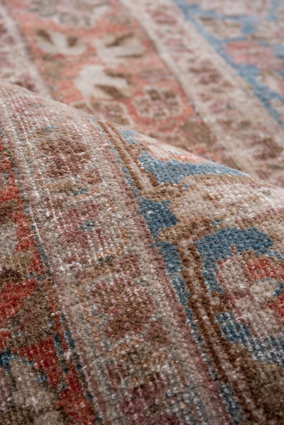 10' x 13' one-of-a-kind handmade vintage Meshed large size rug. Color palette: rose, sky blue, ivory, terra cotta, taupe