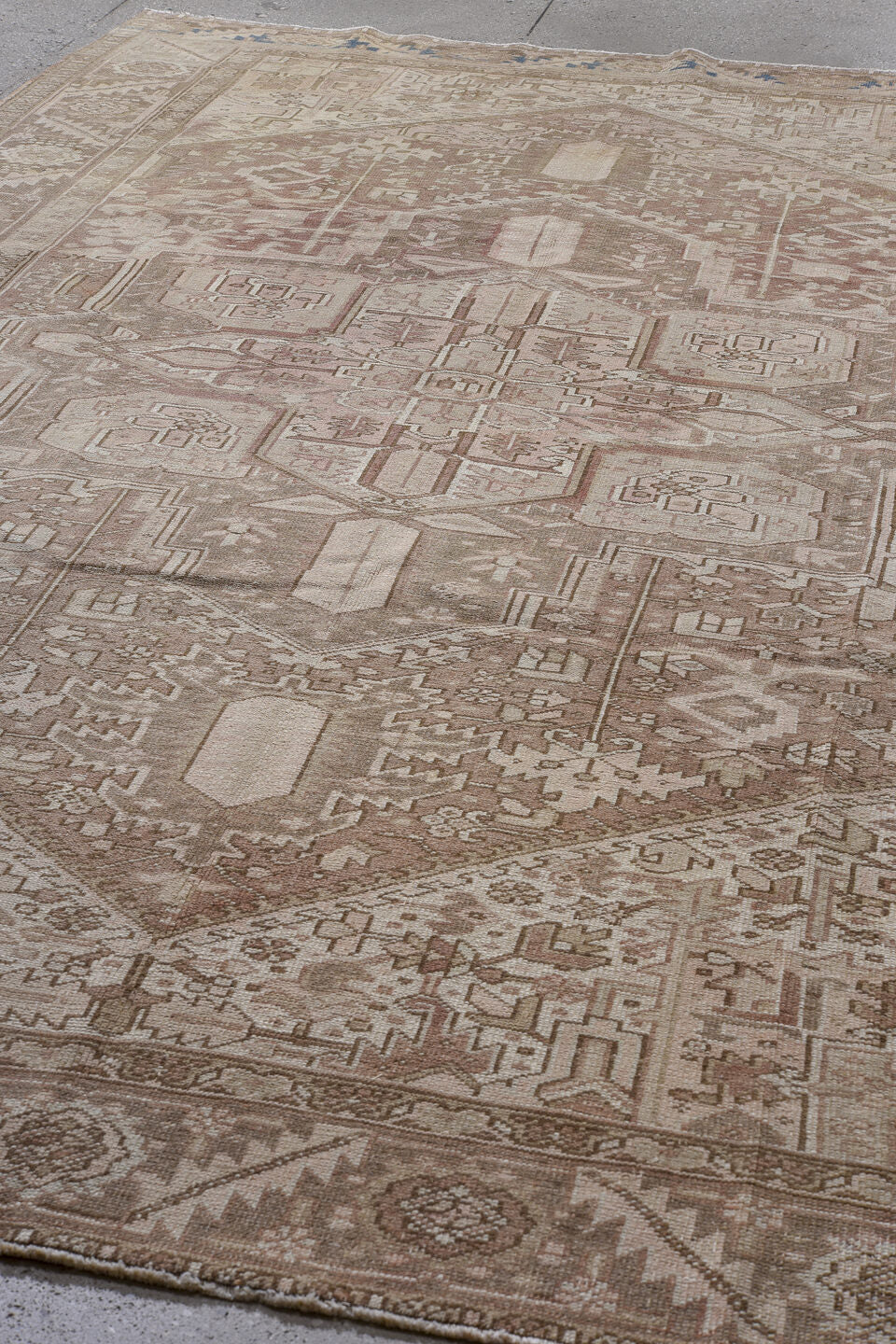 8' x 11' one-of-a-kind handmade vintage Heriz large size rug. Color palette: blue, brown, gray, light gray, off-white, pink