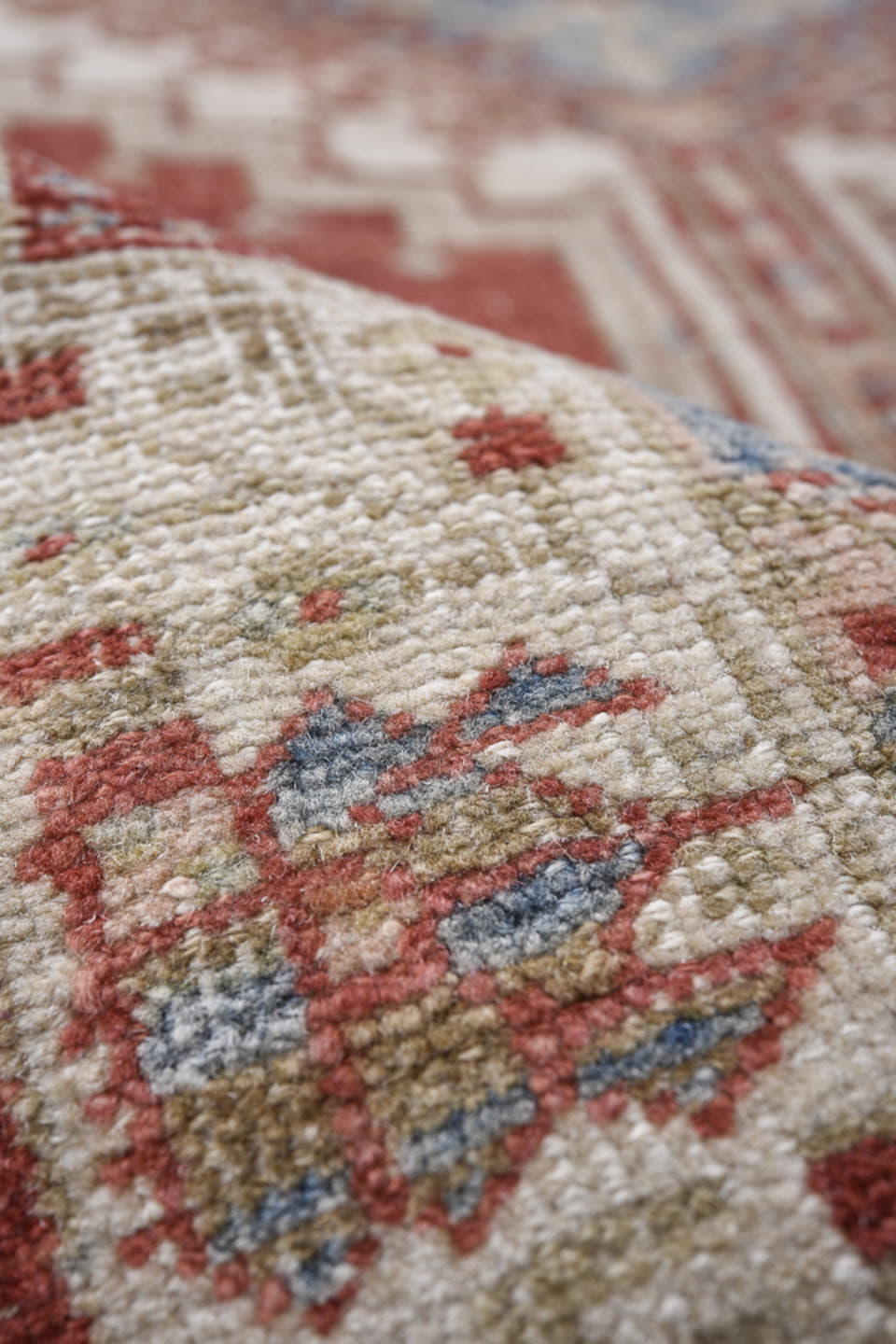 3' x 14' one-of-a-kind handmade antique Sarab runner rug. Color palette: rust, ivory, sky_blue, brick, camel, taupe