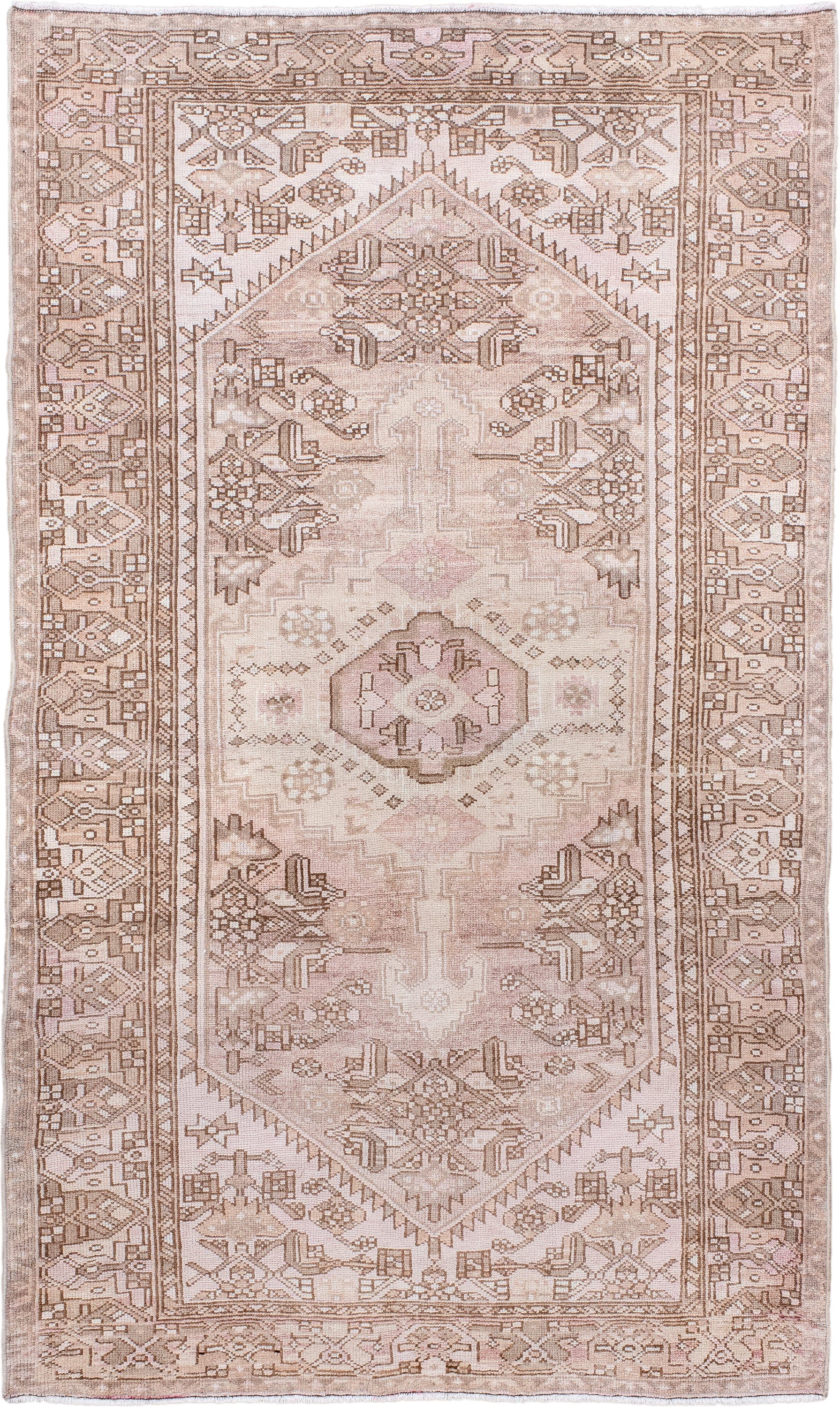 4' x 6' one-of-a-kind handmade antique Hamadan small size rug. Color palette: blush, ivory, taupe, camel, rose, beige, brown