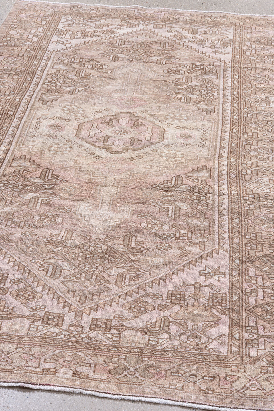 4' x 6' one-of-a-kind handmade antique Hamadan small size rug. Color palette: blush, ivory, taupe, camel, rose, beige, brown