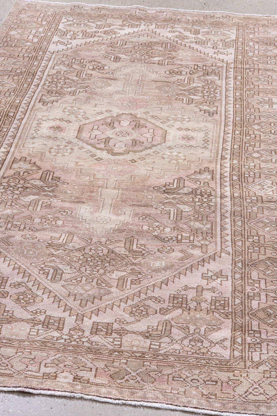 4' x 6' one-of-a-kind handmade antique Hamadan small size rug. Color palette: blush, ivory, taupe, camel, rose, beige, brown