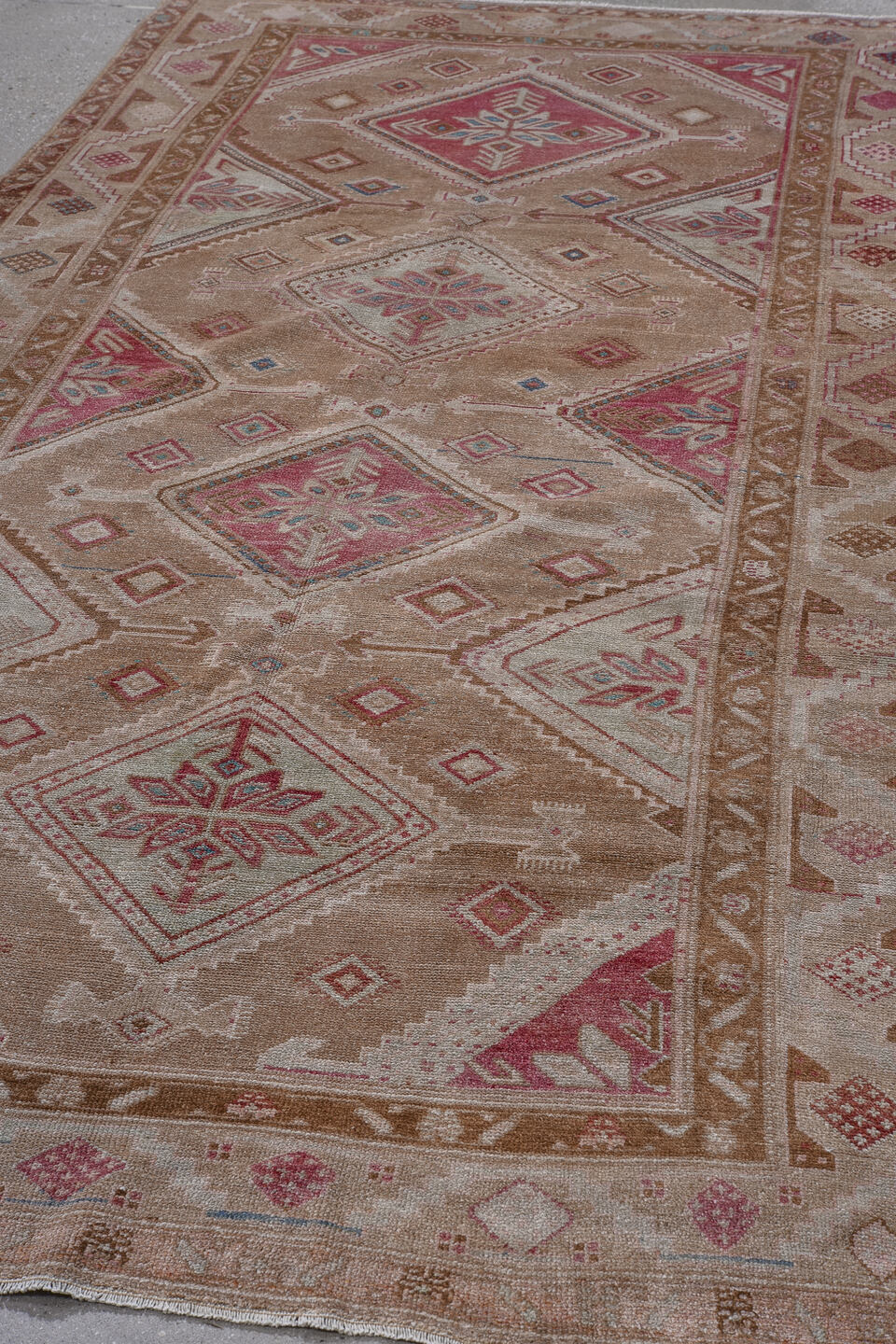 5' x 10' one-of-a-kind handmade antique Hamadan runner rug. Color palette: camel, rose, ivory, rust, taupe, sky blue, brown