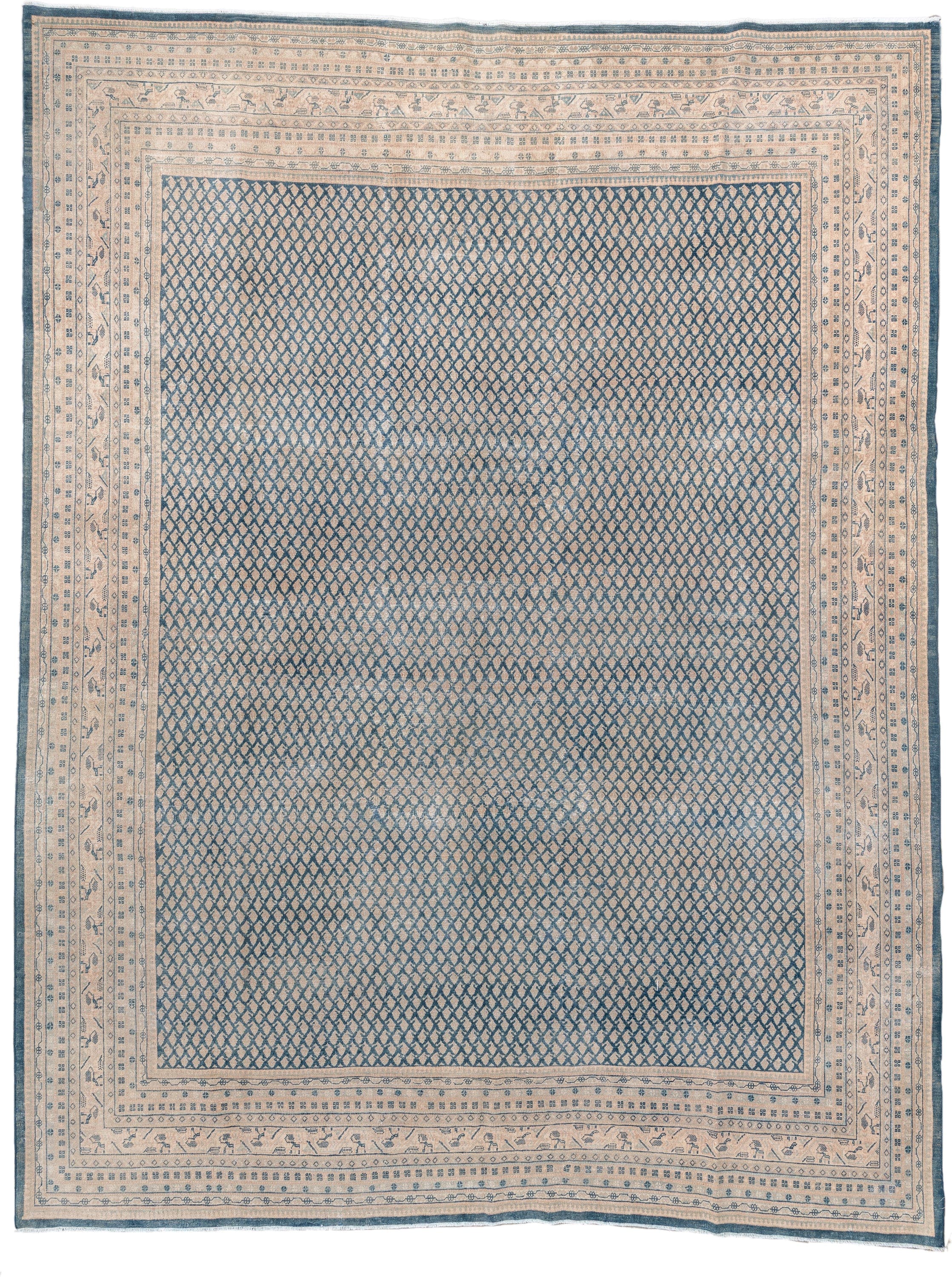 8' x 11' one-of-a-kind handmade antique Mir large size rug. Color palette: ivory, blue, slate, cream, taupe, gray, beige