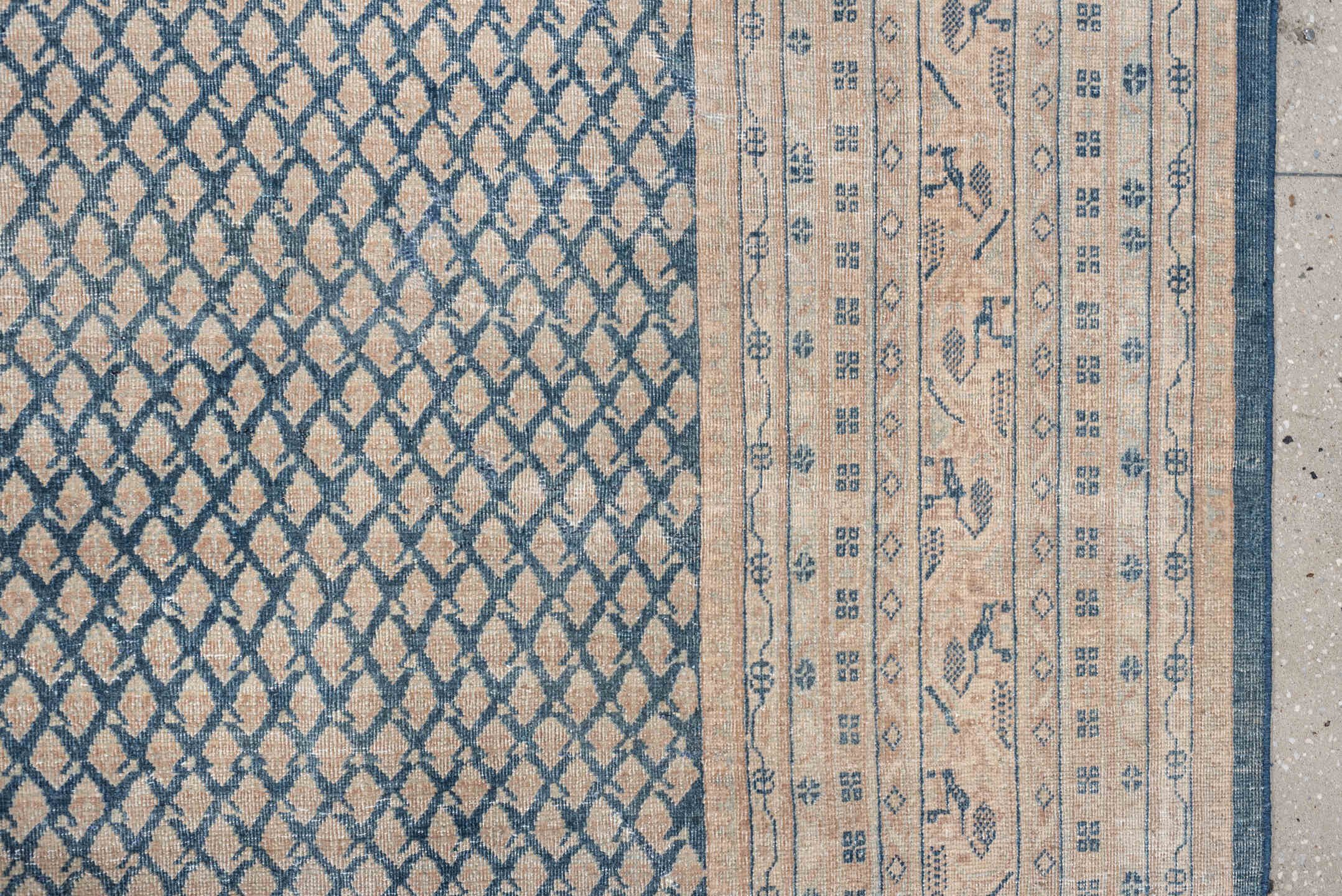 8' x 11' one-of-a-kind handmade antique Mir large size rug. Color palette: ivory, blue, slate, cream, taupe, gray, beige