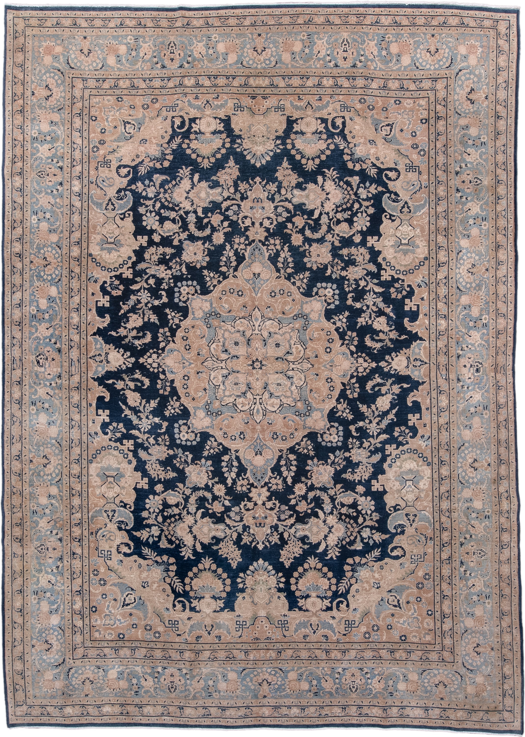 8' x 11' one-of-a-kind handmade antique Kerman large size rug. Color palette: navy, powder_blue, ivory, beige, taupe, slate