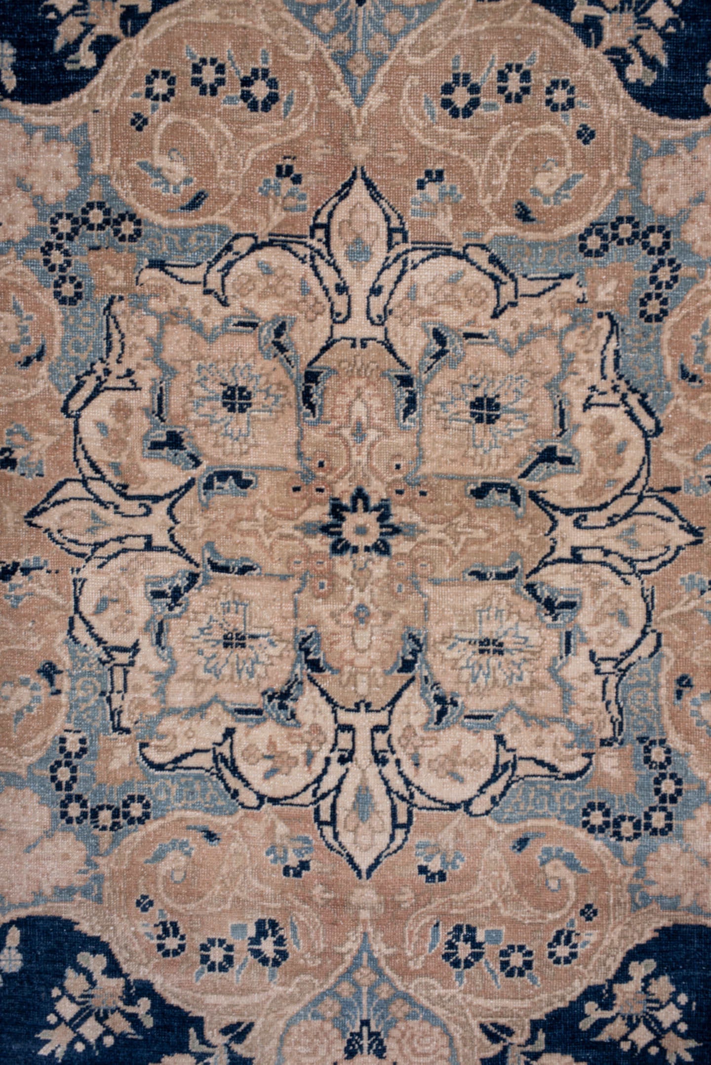 8' x 11' one-of-a-kind handmade antique Kerman large size rug. Color palette: navy, powder_blue, ivory, beige, taupe, slate