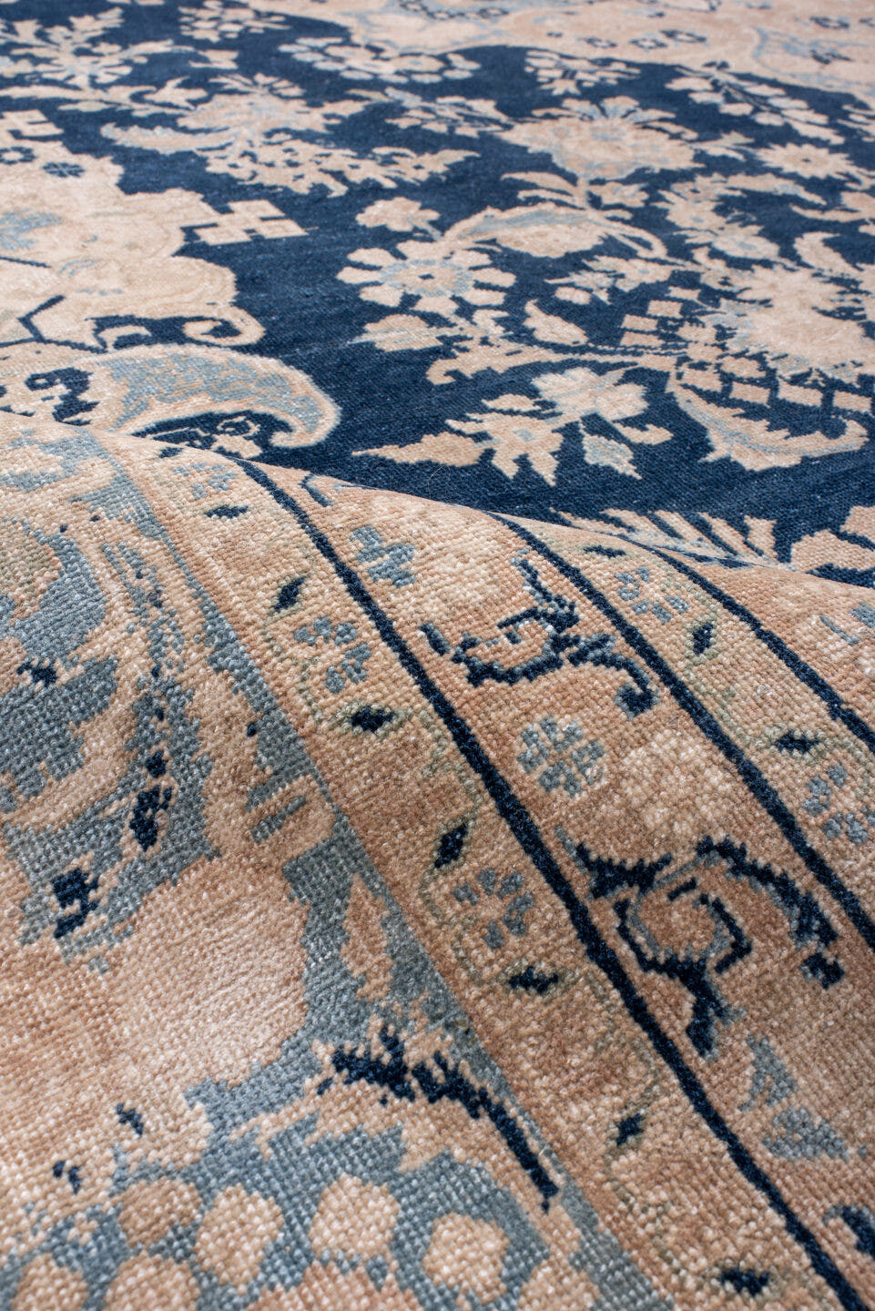 8' x 11' one-of-a-kind handmade antique Kerman large size rug. Color palette: navy, powder_blue, ivory, beige, taupe, slate