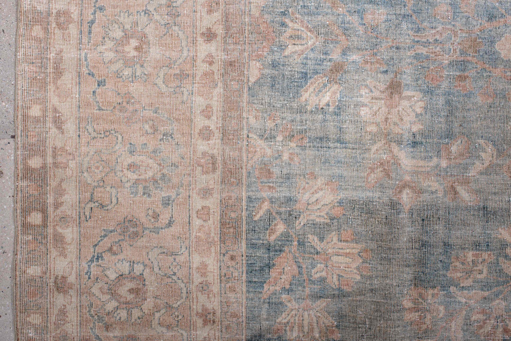 7' x 10' one-of-a-kind handmade antique Tabriz large size rug. Color palette: ivory, powder blue, blush, taupe, pale rose