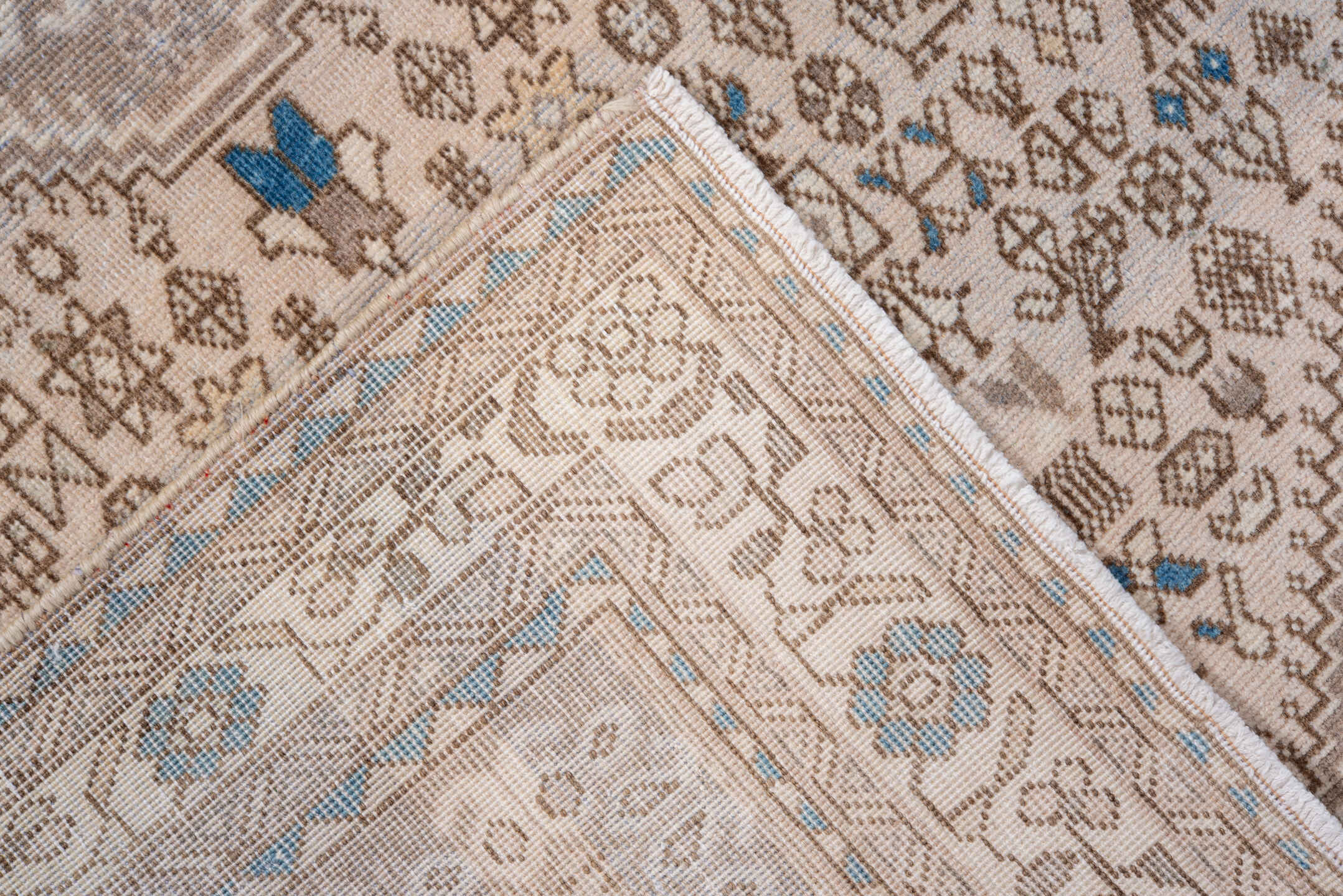 3' x 5' one-of-a-kind handmade vintage Joshegan small size rug. Color palette: taupe, ivory, sky blue, beige, brown, gray