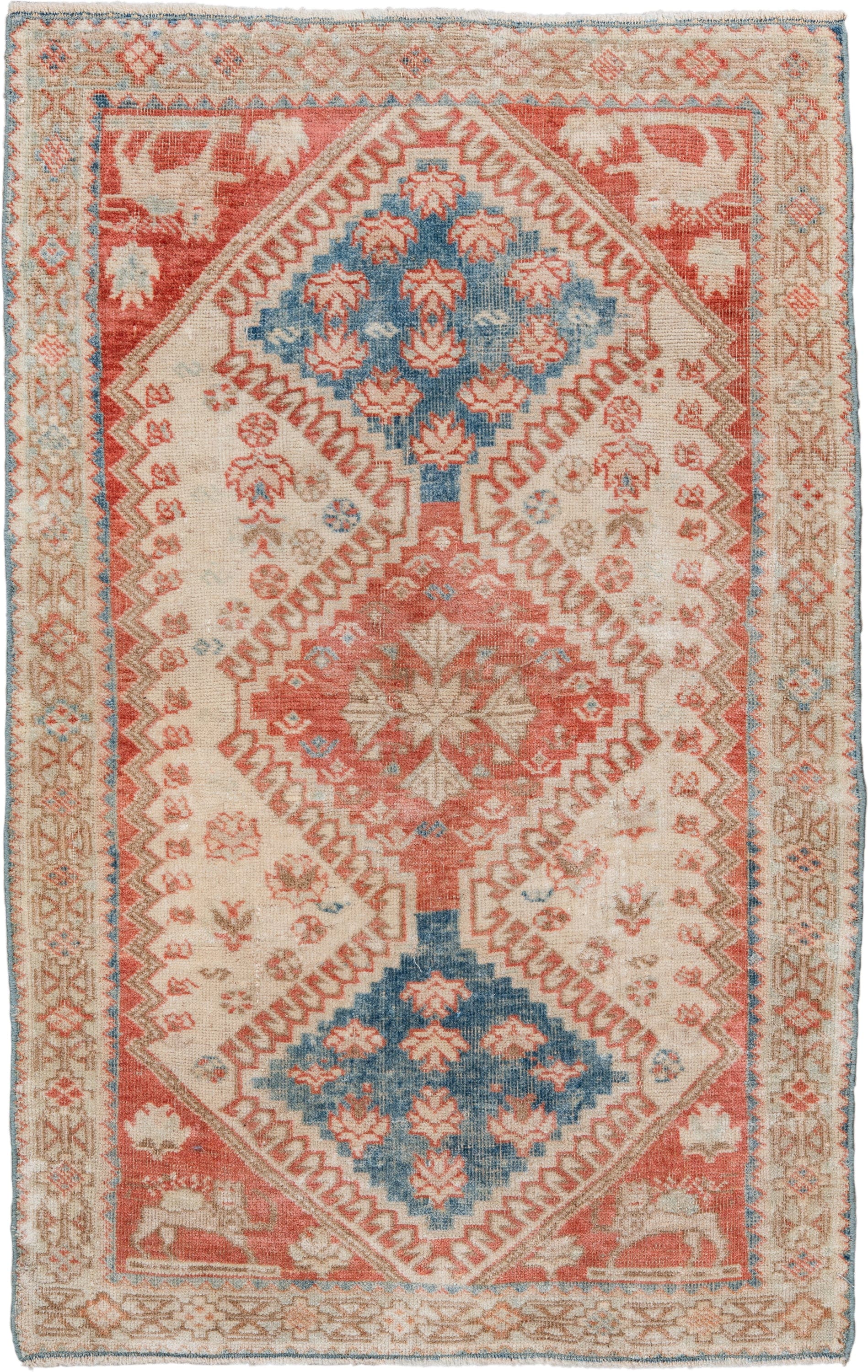 2' x 4' one-of-a-kind handmade antique Shiraz small size rug. Color palette: ivory, coral, sky blue, taupe, camel