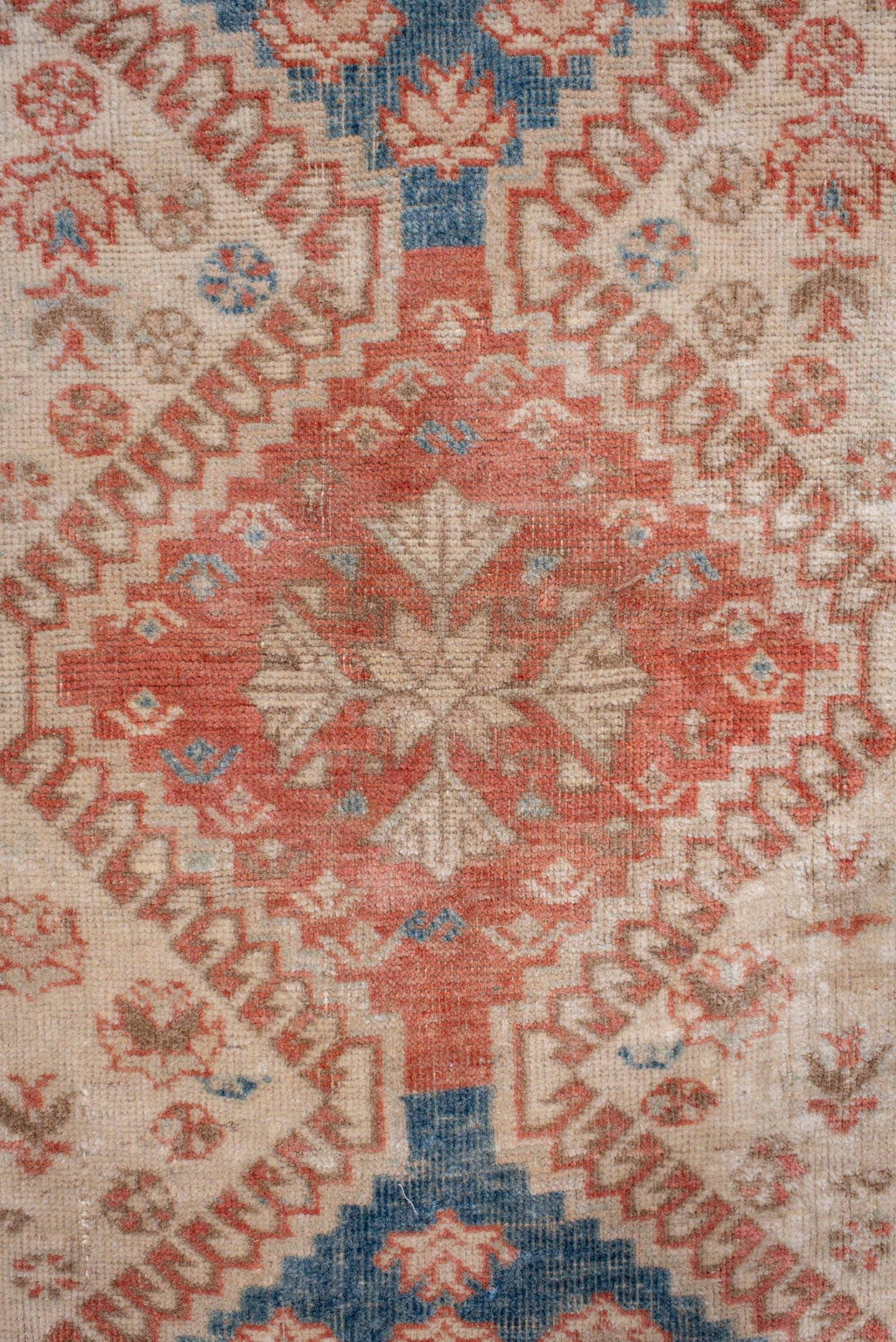 2' x 4' one-of-a-kind handmade antique Shiraz small size rug. Color palette: ivory, coral, sky blue, taupe, camel