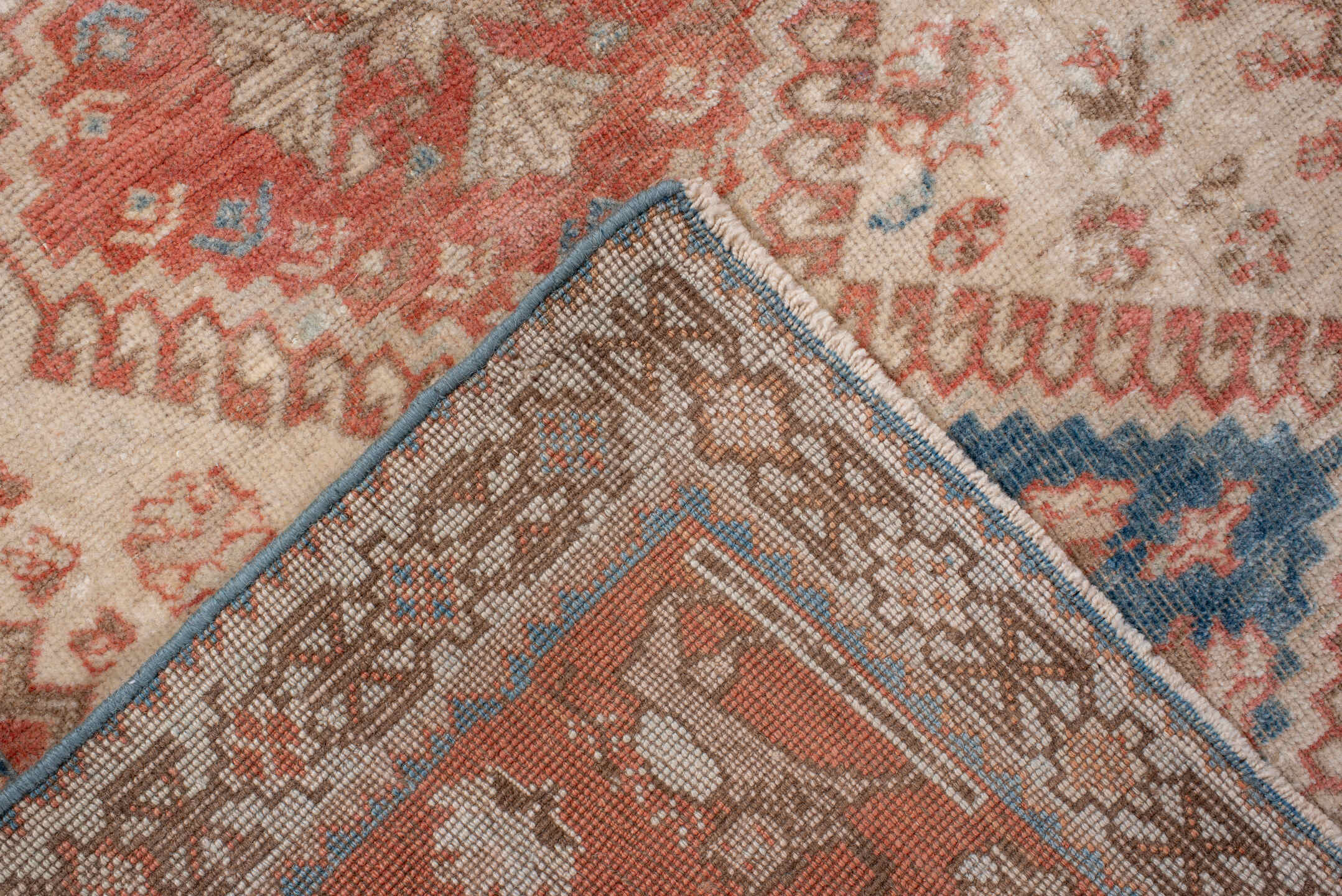 2' x 4' one-of-a-kind handmade antique Shiraz small size rug. Color palette: ivory, coral, sky blue, taupe, camel