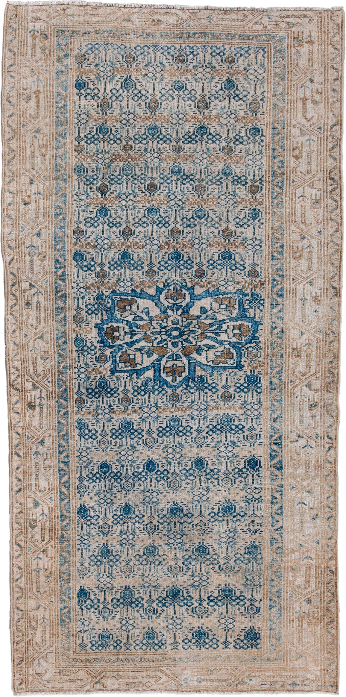 3' x 6' one-of-a-kind handmade antique Malayer runner rug. Color palette: ivory, blue, taupe, beige, camel, slate, gray