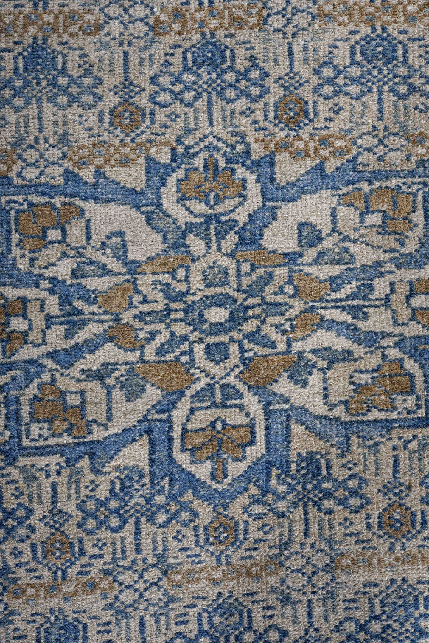 3' x 6' one-of-a-kind handmade antique Malayer runner rug. Color palette: ivory, blue, taupe, beige, camel, slate, gray
