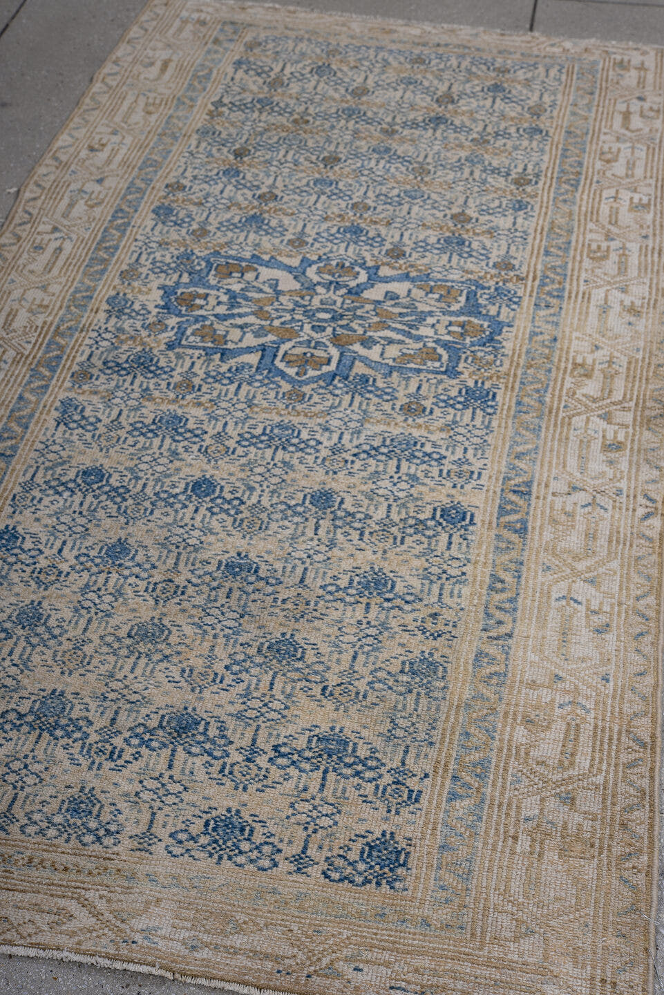 3' x 6' one-of-a-kind handmade antique Malayer runner rug. Color palette: ivory, blue, taupe, beige, camel, slate, gray