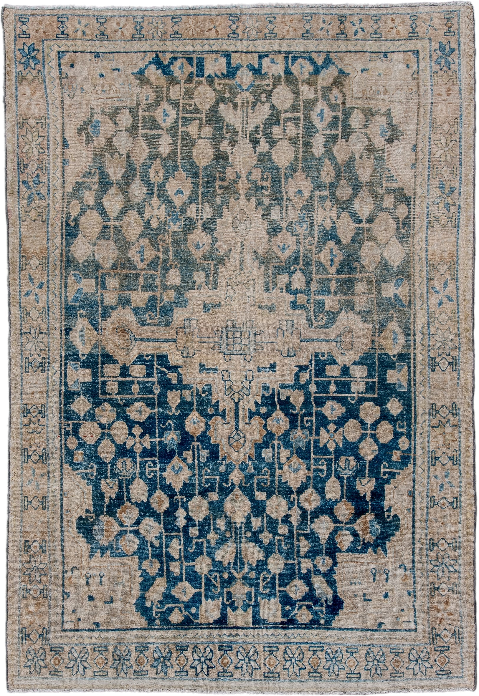 4' x 6' one-of-a-kind handmade antique Hamadan small size rug. Color palette: ivory, indigo, beige, slate, taupe, purple