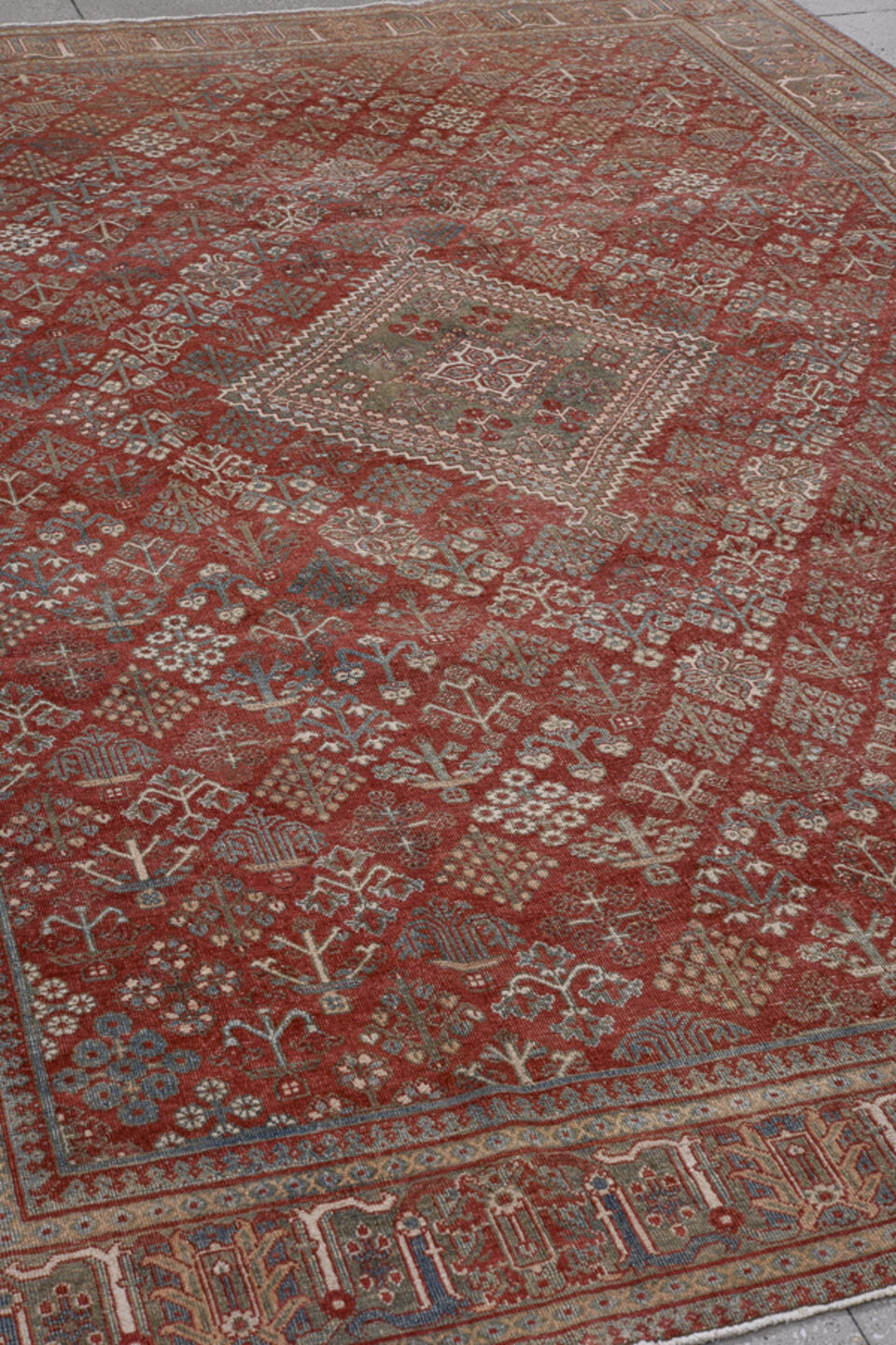 8' x 11' one-of-a-kind handmade vintage Joshegan large size rug. Color palette: brown, gray, light gray, off-white, pink