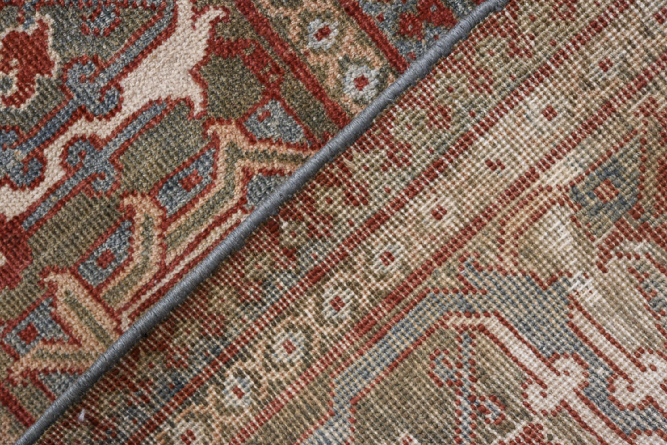 8' x 11' one-of-a-kind handmade vintage Joshegan large size rug. Color palette: brown, gray, light gray, off-white, pink