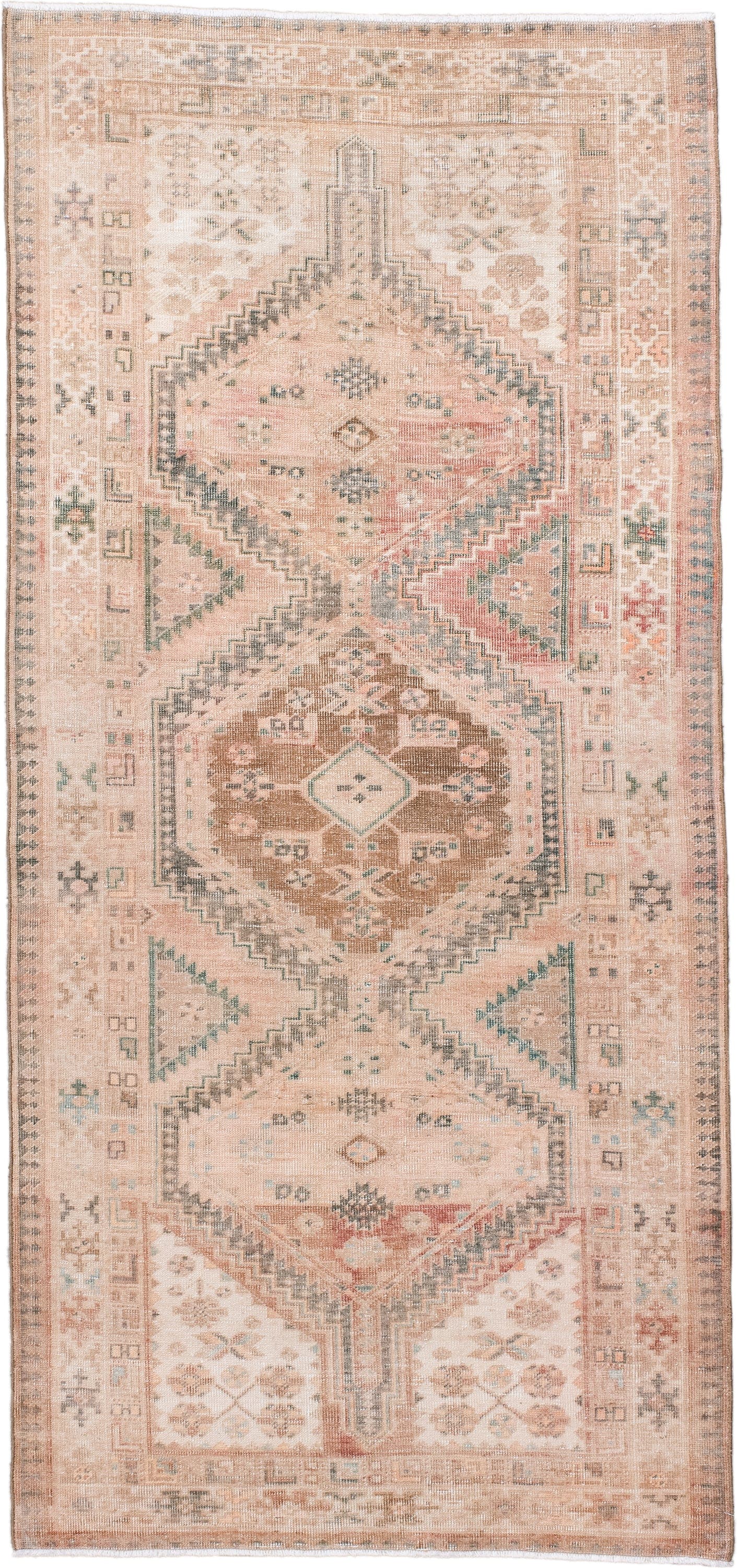 3' x 7' one-of-a-kind handmade antique Sarab runner rug. Color palette: blush, ivory, camel, taupe, pale teal, muted rust