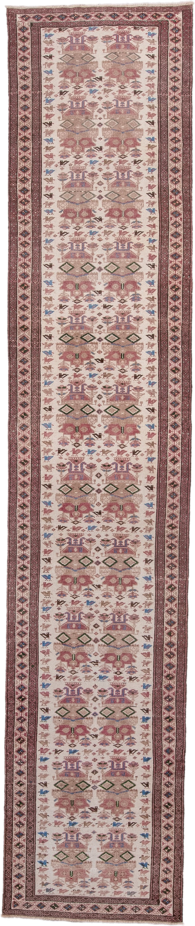 2' x 11' one-of-a-kind handmade antique Hamadan runner rug. Color palette: ivory, rose, rust, brown, blue, olive, taupe