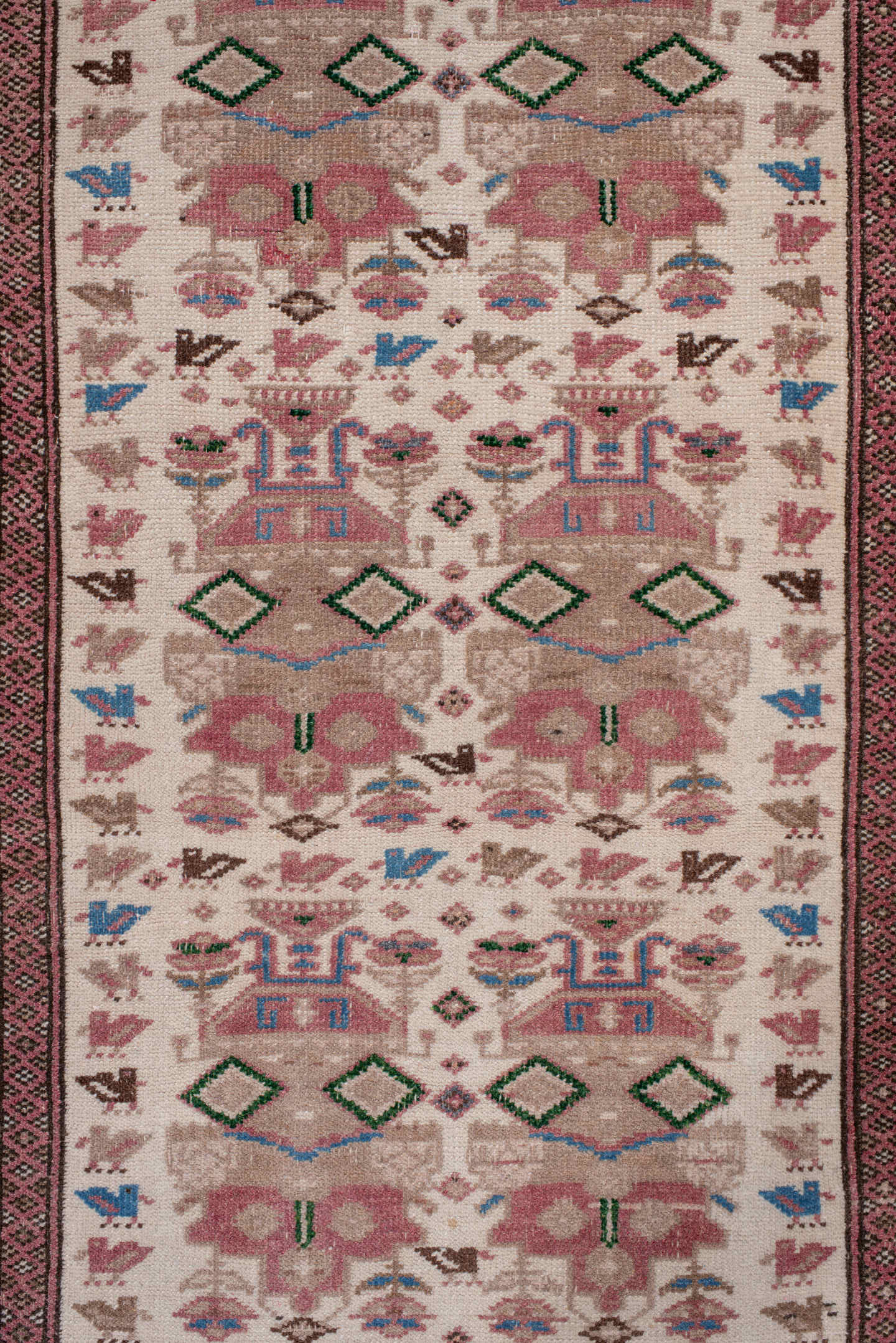 2' x 11' one-of-a-kind handmade antique Hamadan runner rug. Color palette: ivory, rose, rust, brown, blue, olive, taupe