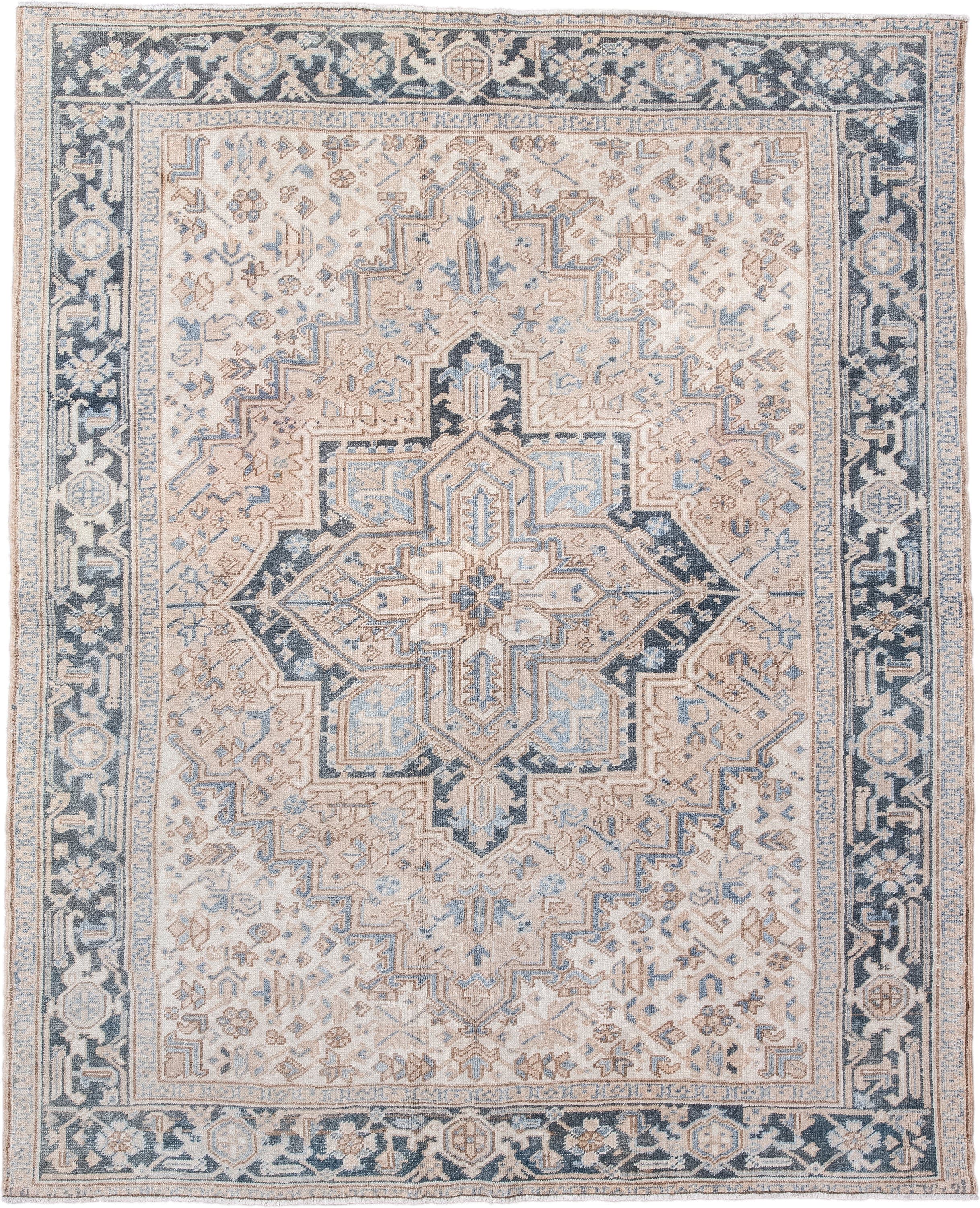 6' x 7' one-of-a-kind handmade vintage Heriz rug. Color palette: ivory, blue, taupe, charcoal, cream, slate, beige, gray