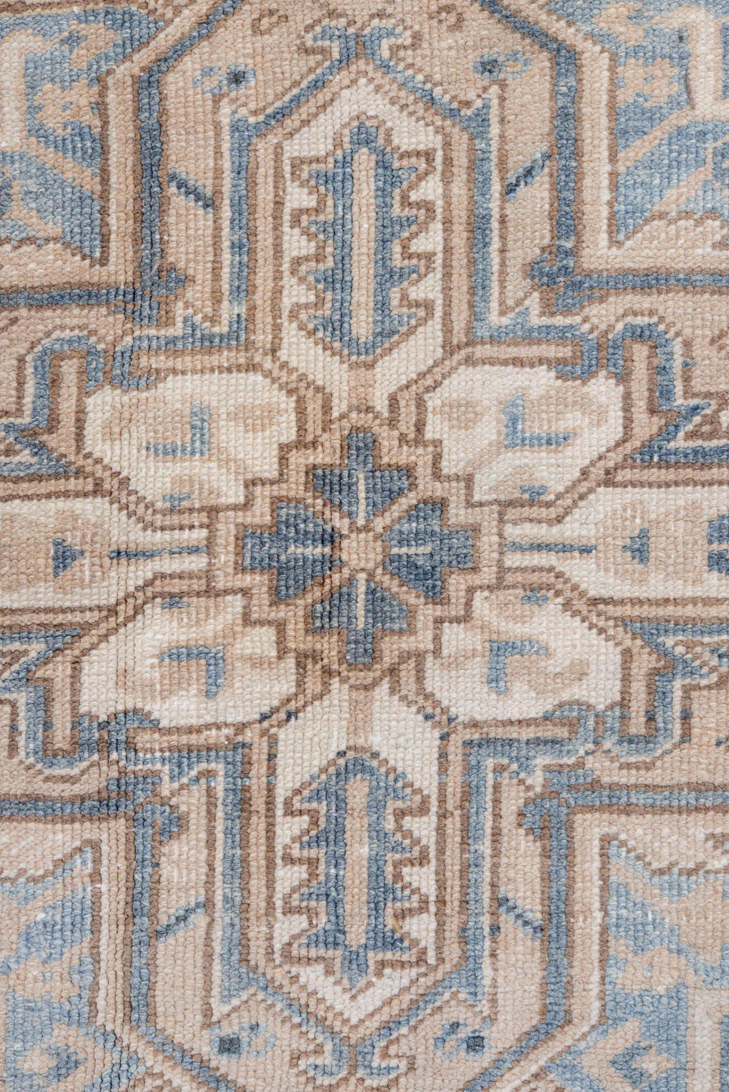 6' x 7' one-of-a-kind handmade vintage Heriz rug. Color palette: ivory, blue, taupe, charcoal, cream, slate, beige, gray