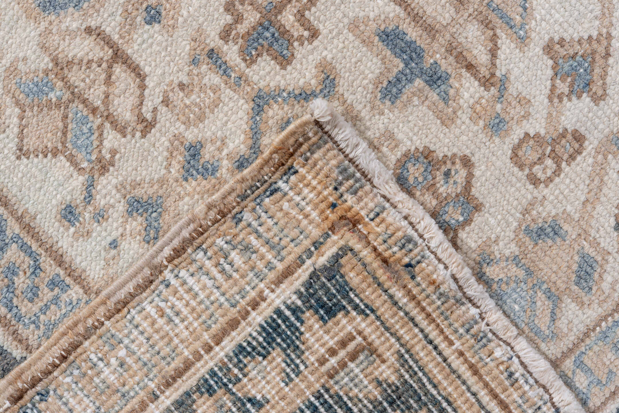 6' x 7' one-of-a-kind handmade vintage Heriz rug. Color palette: ivory, blue, taupe, charcoal, cream, slate, beige, gray