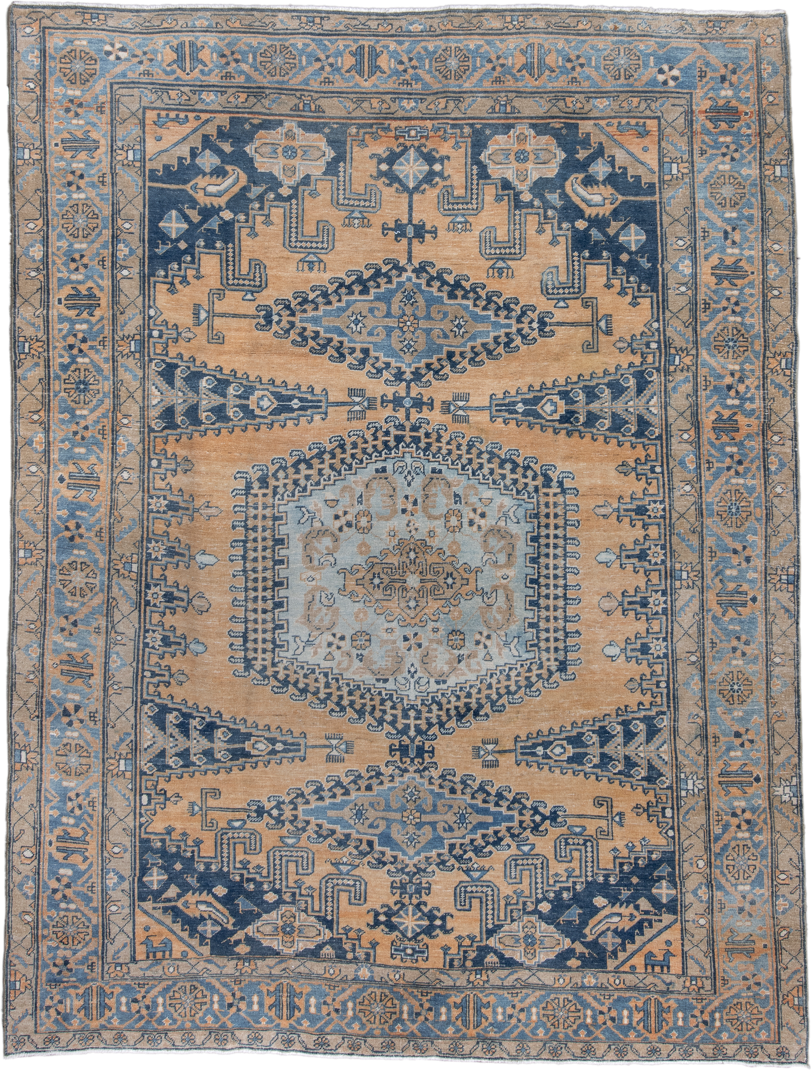 7' x 10' one-of-a-kind handmade antique Veece large size rug. Color palette: camel, powder blue, indigo, ivory, taupe, slate