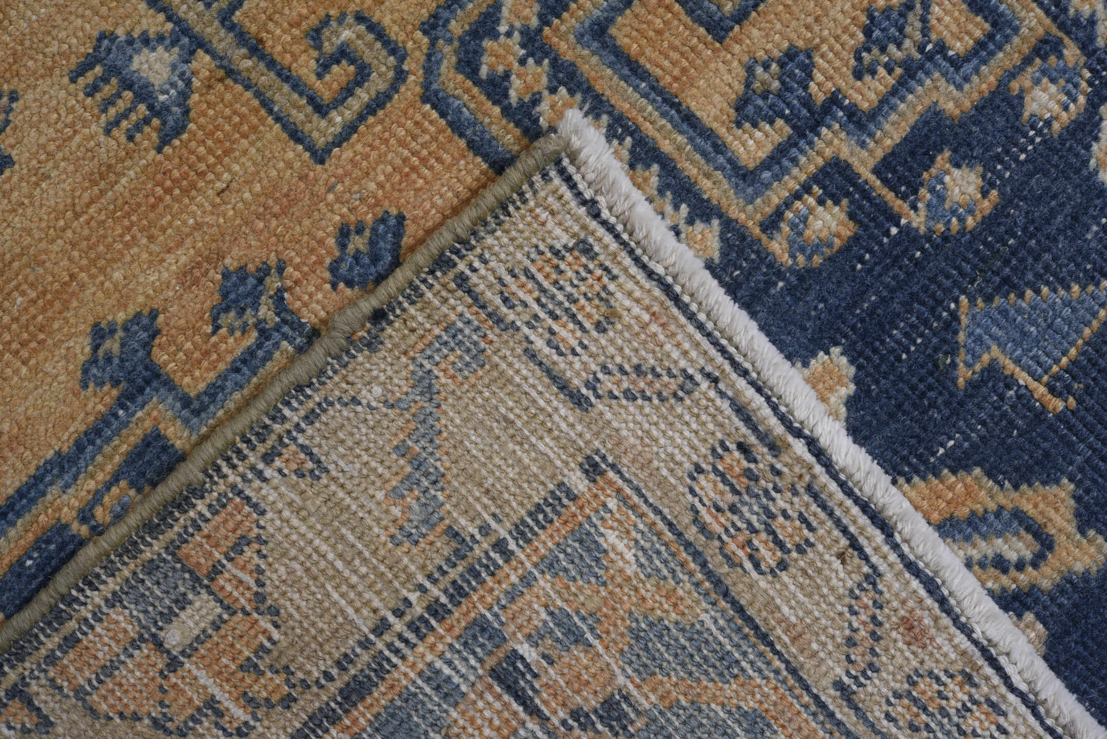 7' x 10' one-of-a-kind handmade antique Veece large size rug. Color palette: camel, powder blue, indigo, ivory, taupe, slate