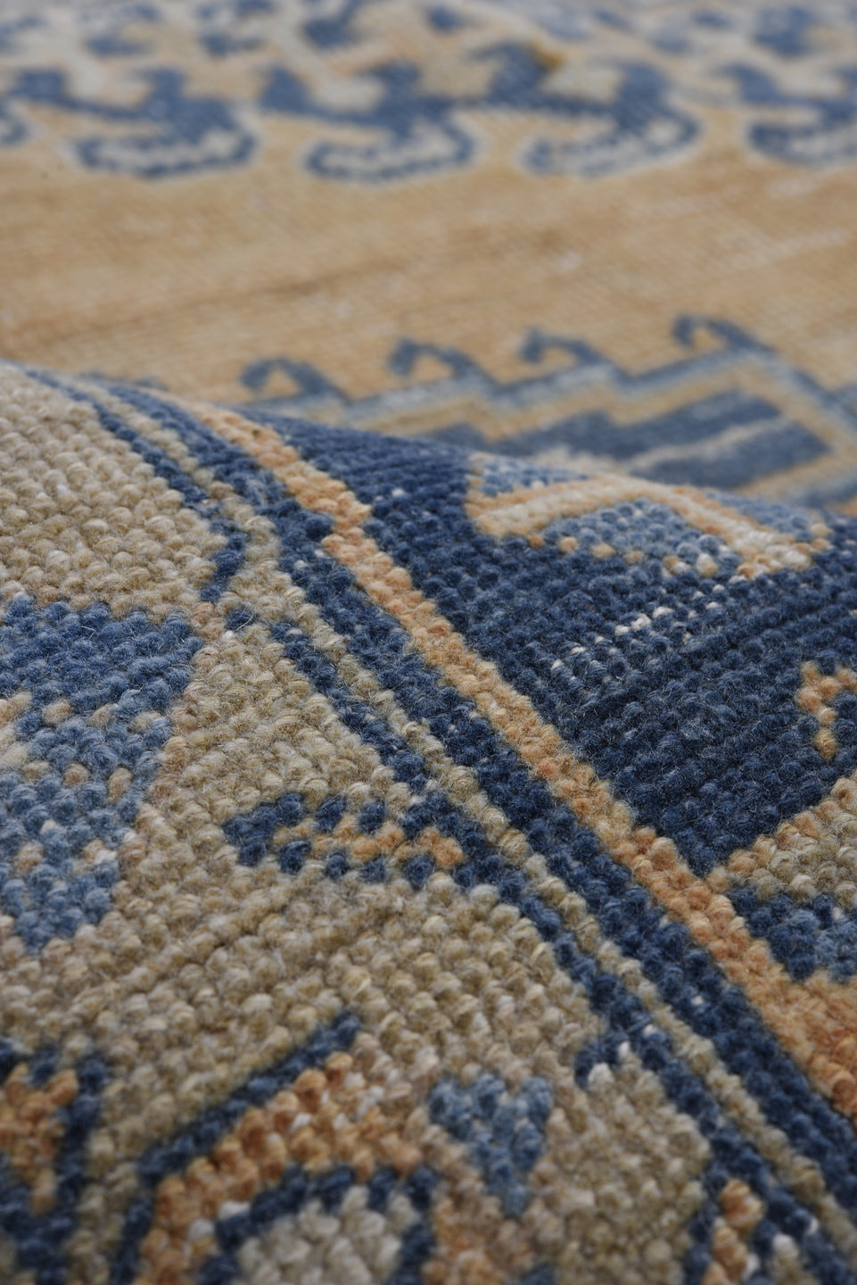 7' x 10' one-of-a-kind handmade antique Veece large size rug. Color palette: camel, powder blue, indigo, ivory, taupe, slate