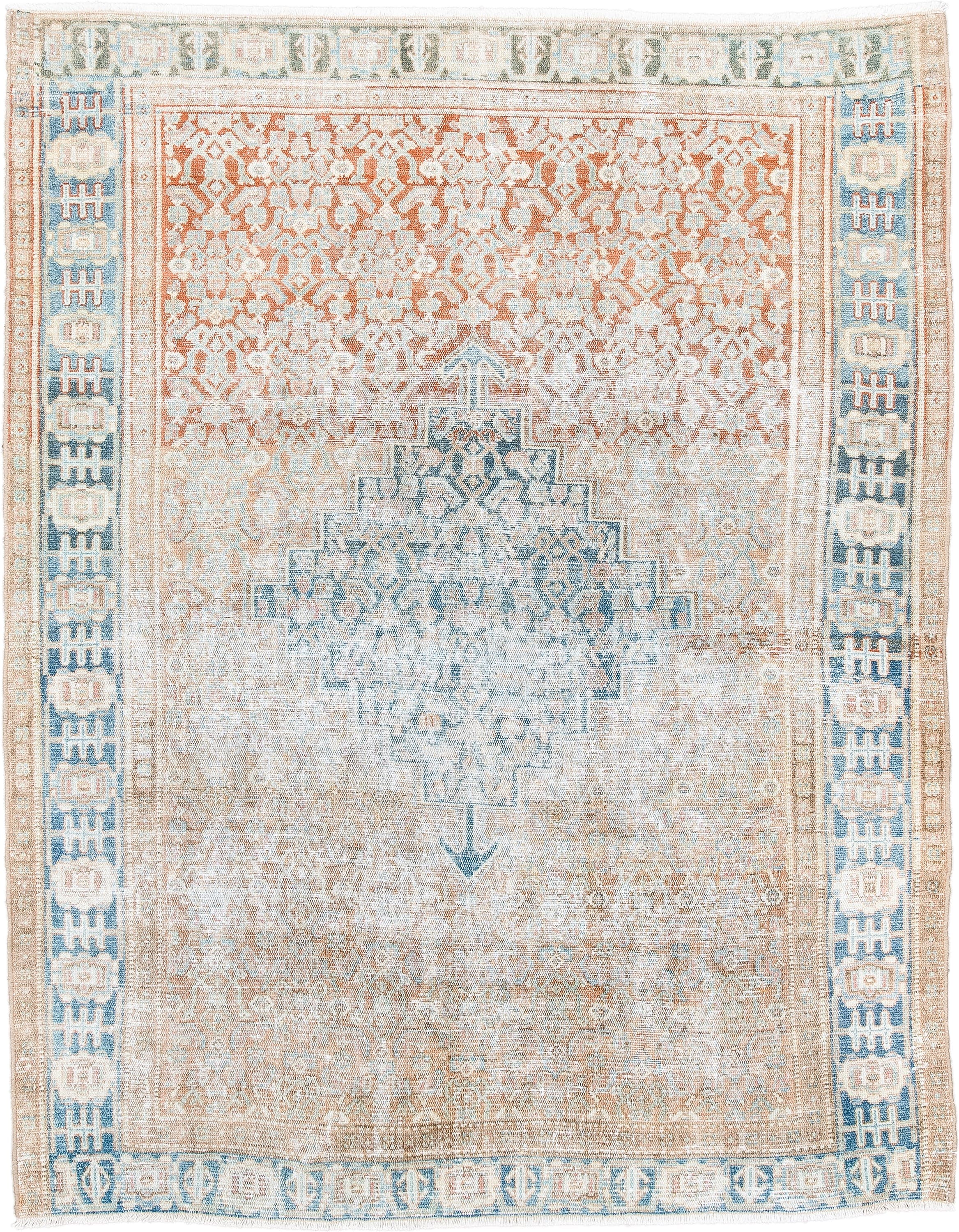 3' x 4' one-of-a-kind handmade antique Hamadan small size rug. Color palette: ivory, sky blue, sand, terra cotta, beige