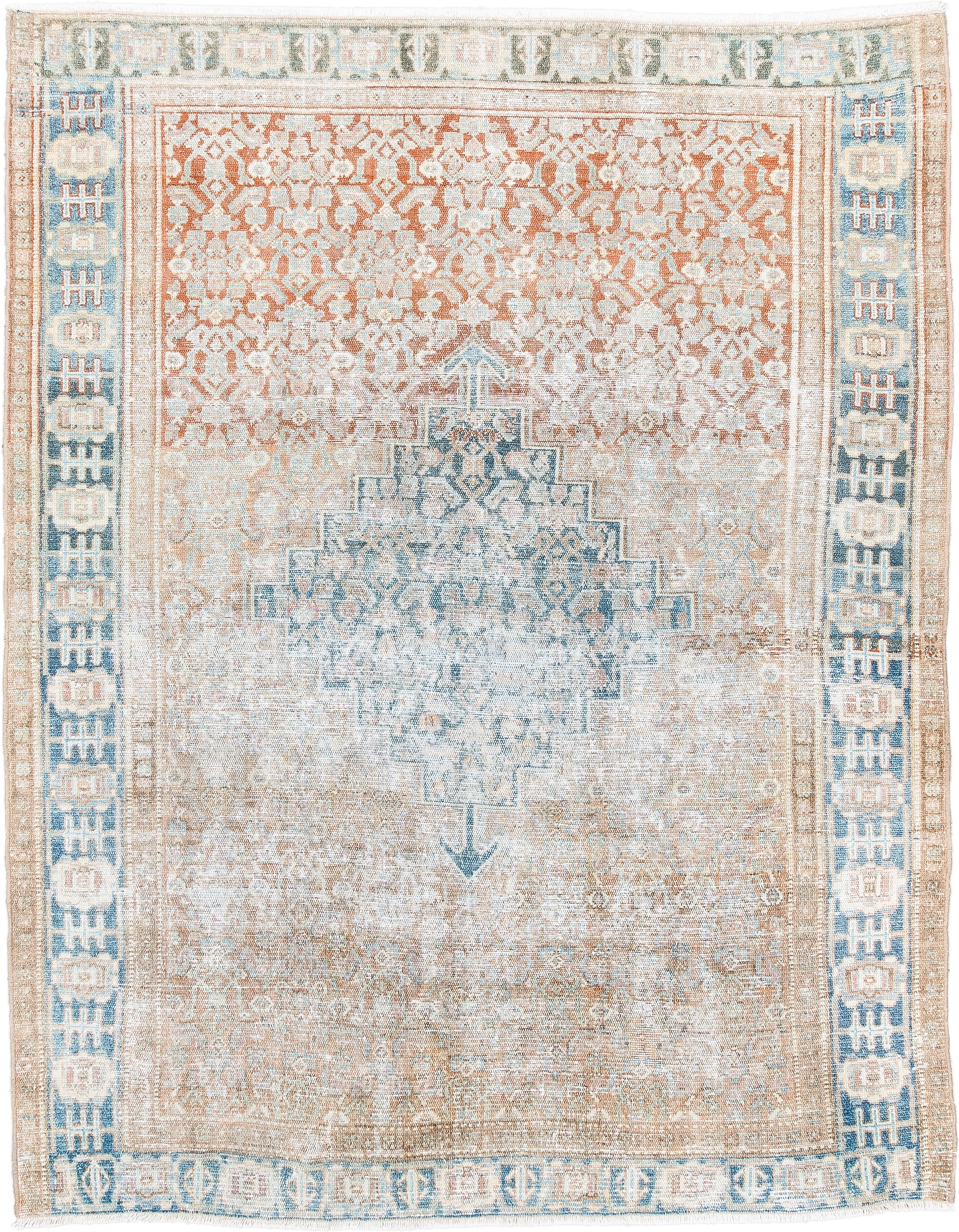 3' x 4' one-of-a-kind handmade antique Hamadan small size rug. Color palette: ivory, sky blue, sand, terra cotta, beige
