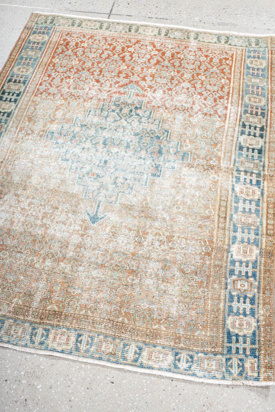 3' x 4' one-of-a-kind handmade antique Hamadan small size rug. Color palette: ivory, sky blue, sand, terra cotta, beige