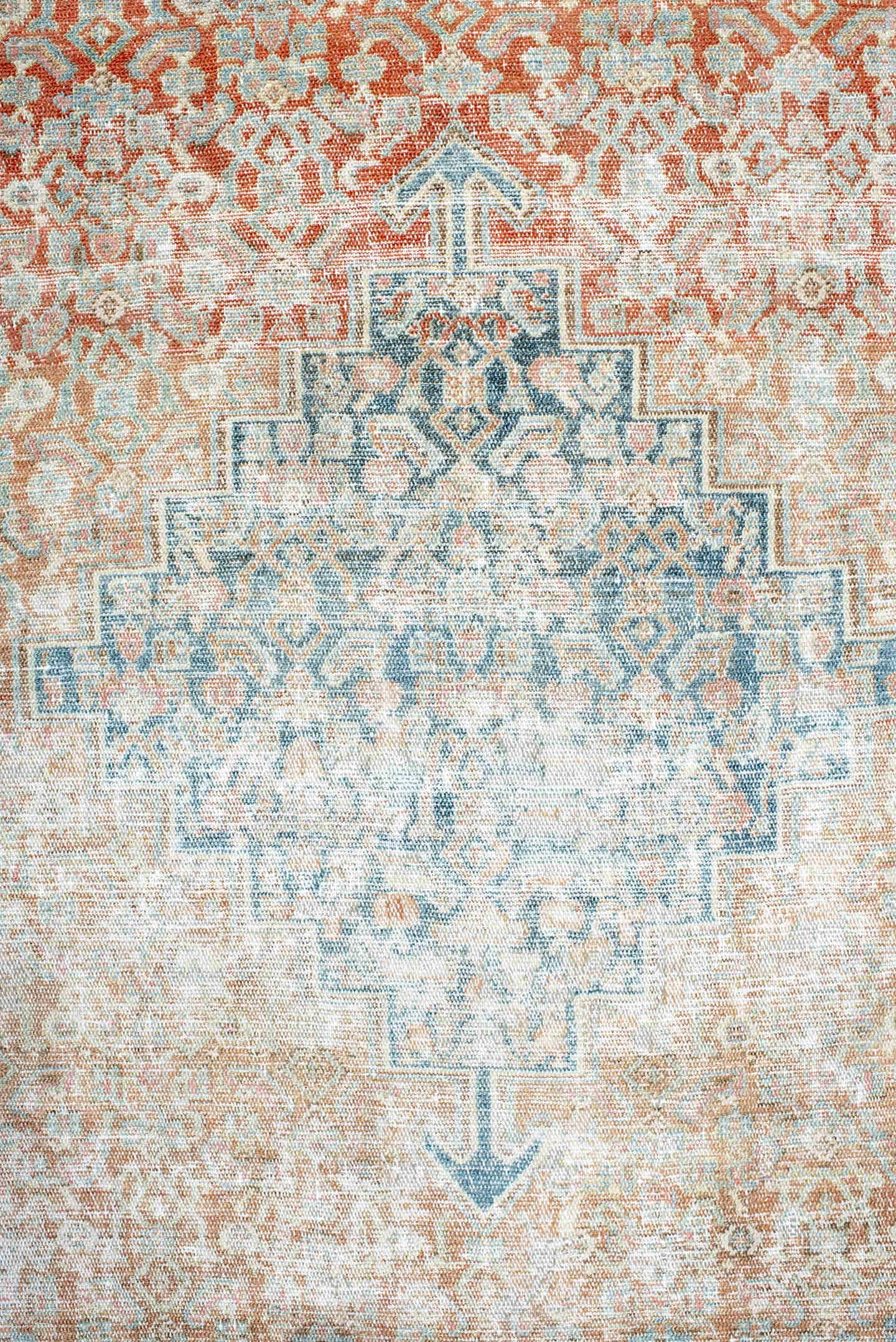 3' x 4' one-of-a-kind handmade antique Hamadan small size rug. Color palette: ivory, sky blue, sand, terra cotta, beige