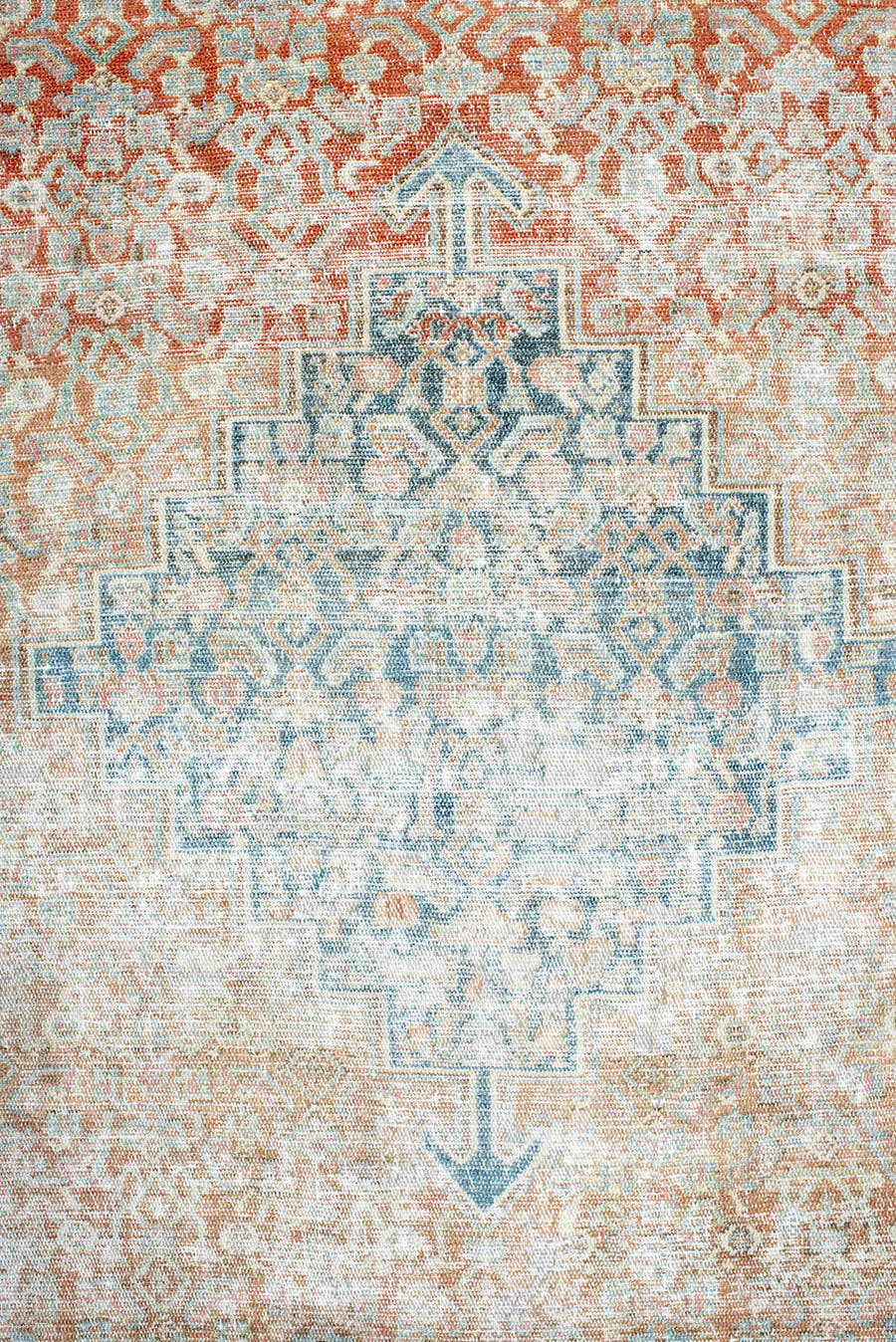 3' x 4' one-of-a-kind handmade antique Hamadan small size rug. Color palette: ivory, sky blue, sand, terra cotta, beige