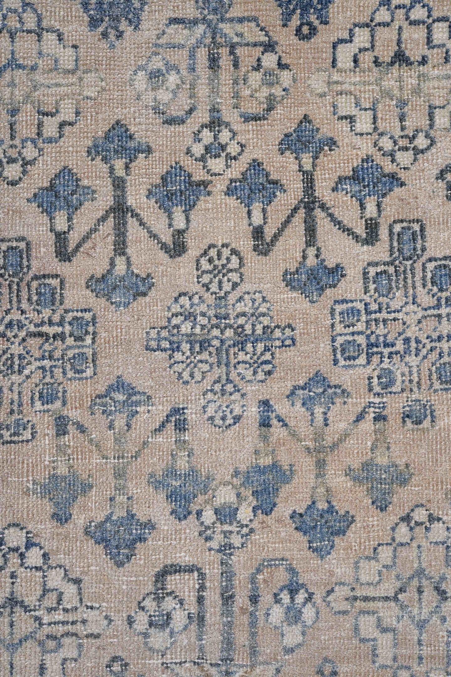 7' x 10' one-of-a-kind handmade antique Joshegan large size rug. Color palette: ivory, blue, slate, taupe, cream, gray