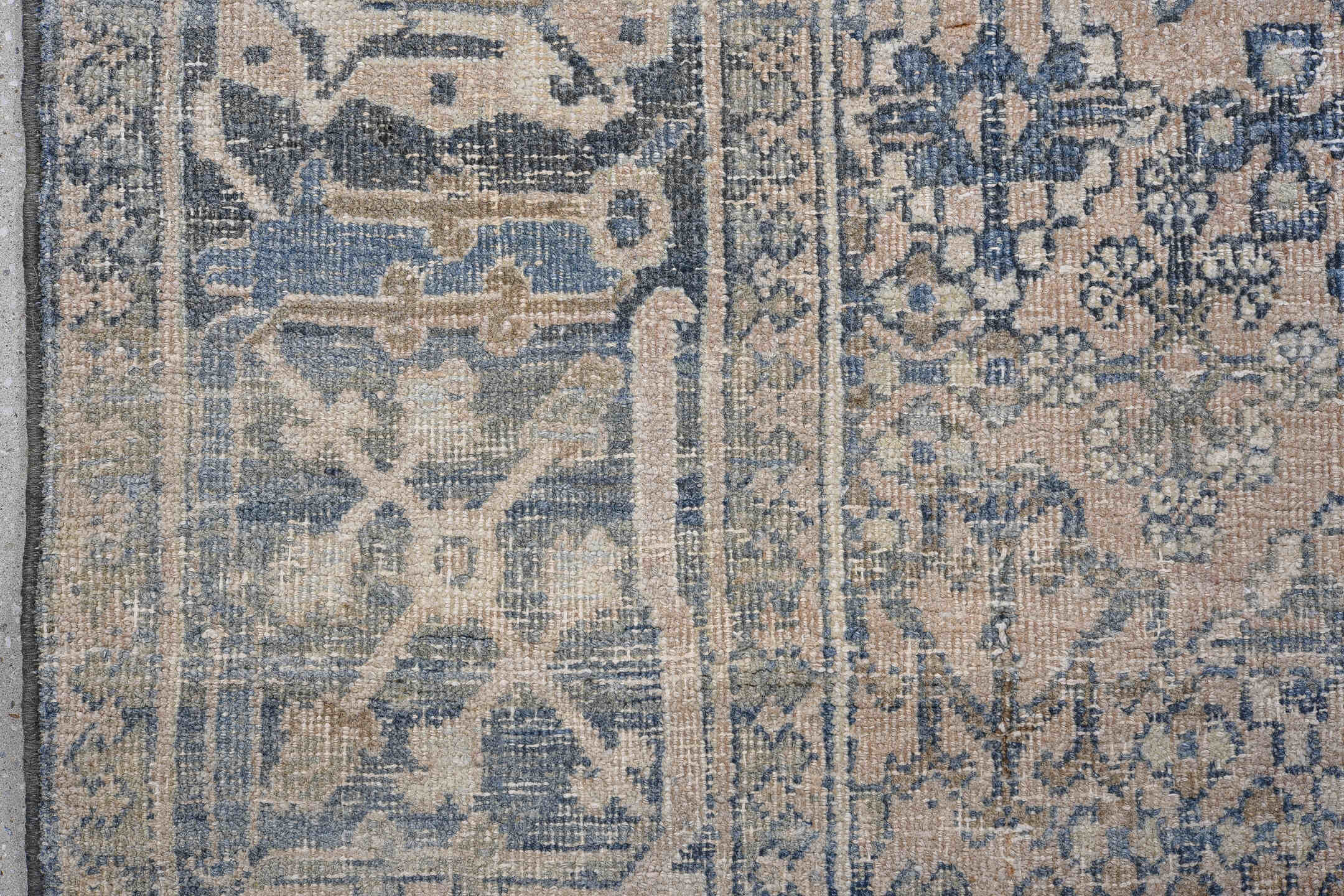 7' x 10' one-of-a-kind handmade antique Joshegan large size rug. Color palette: ivory, blue, slate, taupe, cream, gray