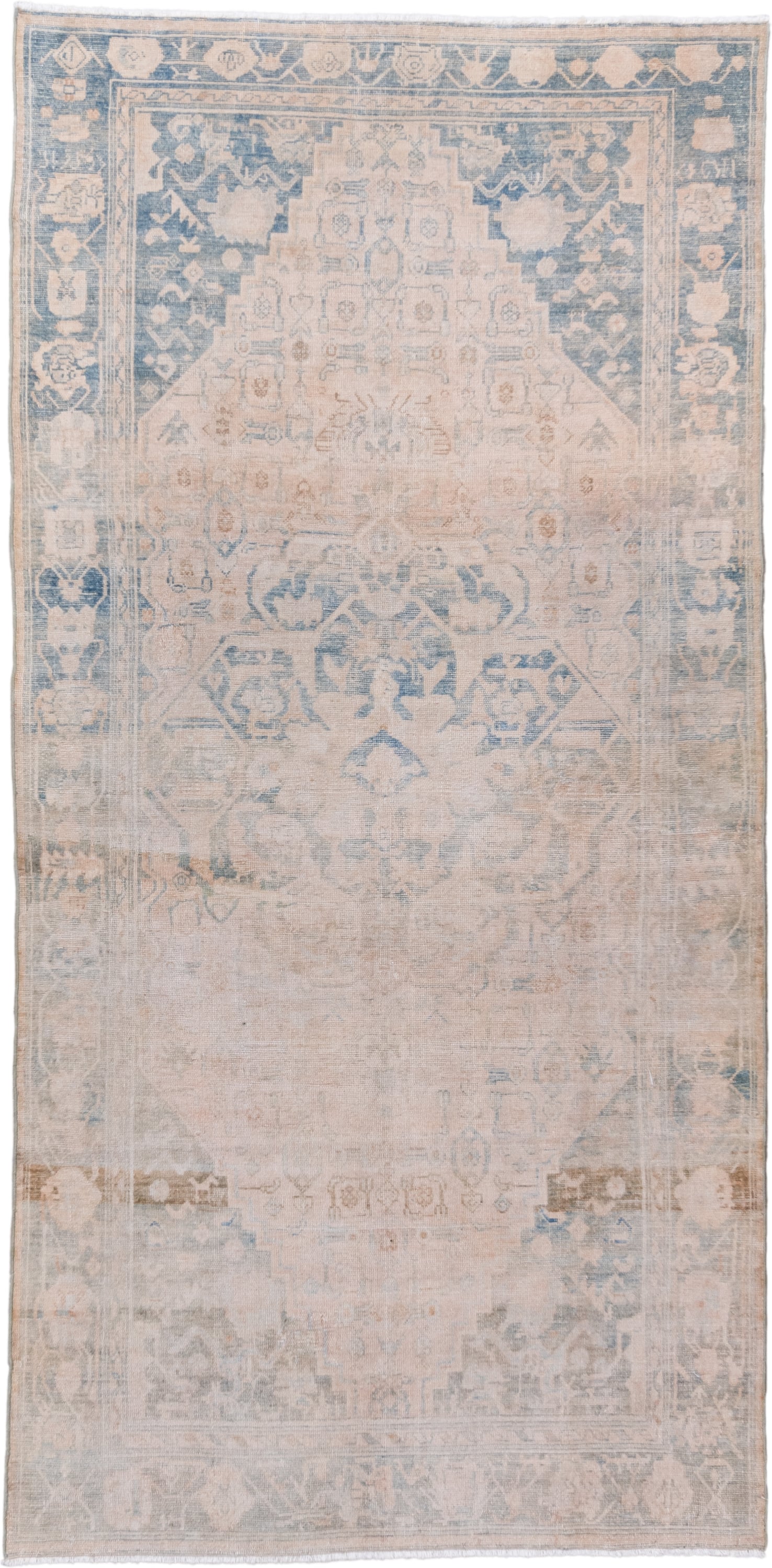 4' x 9' one-of-a-kind handmade vintage Hamadan runner rug. Color palette: ivory, pale blue, beige, taupe, camel, light blue