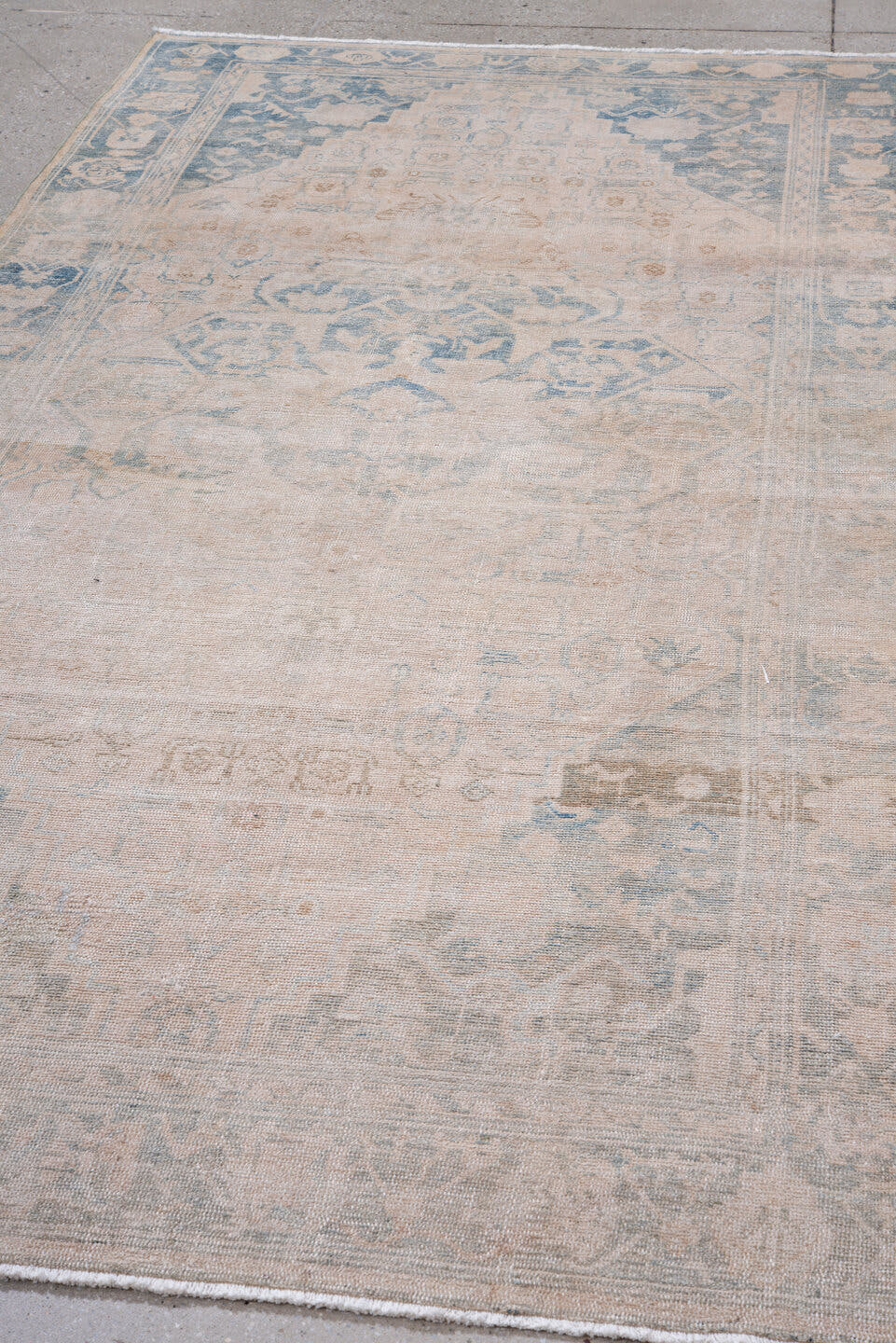 4' x 9' one-of-a-kind handmade vintage Hamadan runner rug. Color palette: ivory, pale blue, beige, taupe, camel, light blue