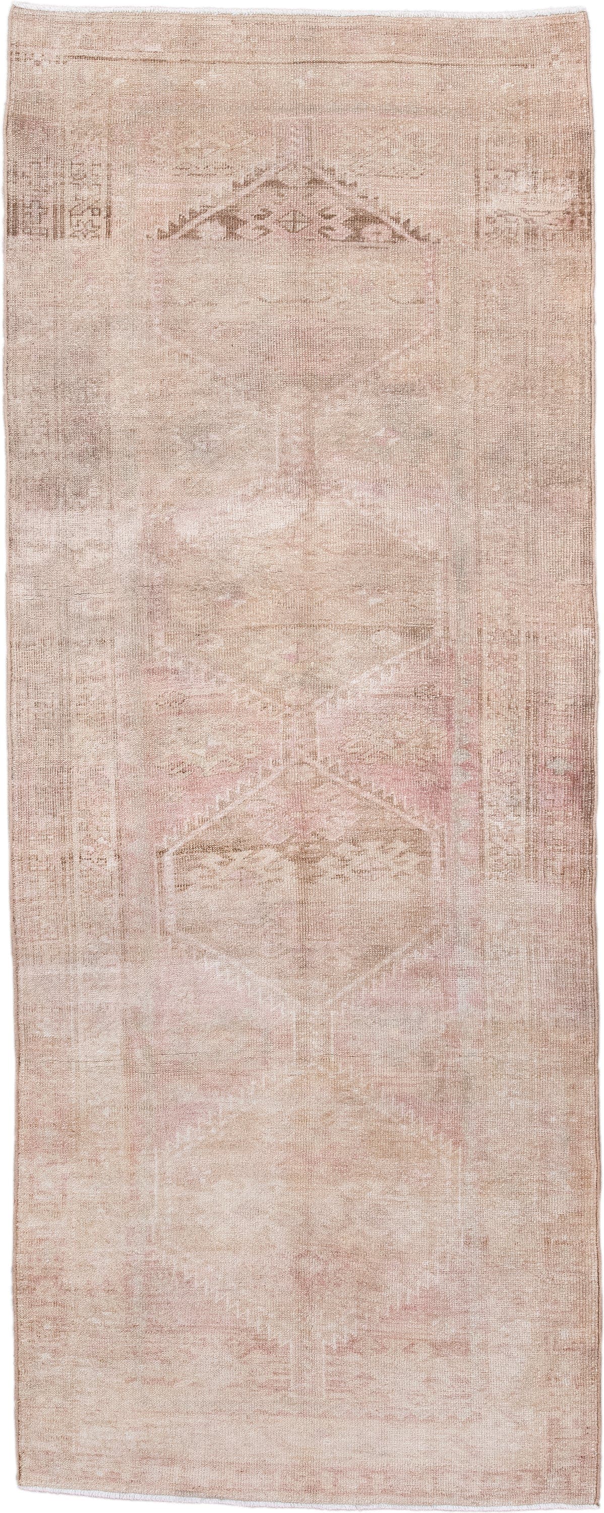 3' x 9' one-of-a-kind handmade vintage Meshed runner rug. Color palette: blush, ivory, taupe, rose, beige, pink, gray, red