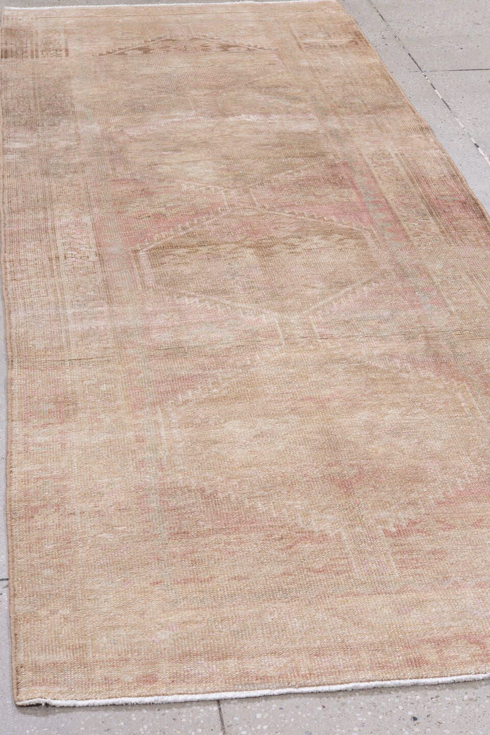 3' x 9' one-of-a-kind handmade vintage Meshed runner rug. Color palette: blush, ivory, taupe, rose, beige, pink, gray, red