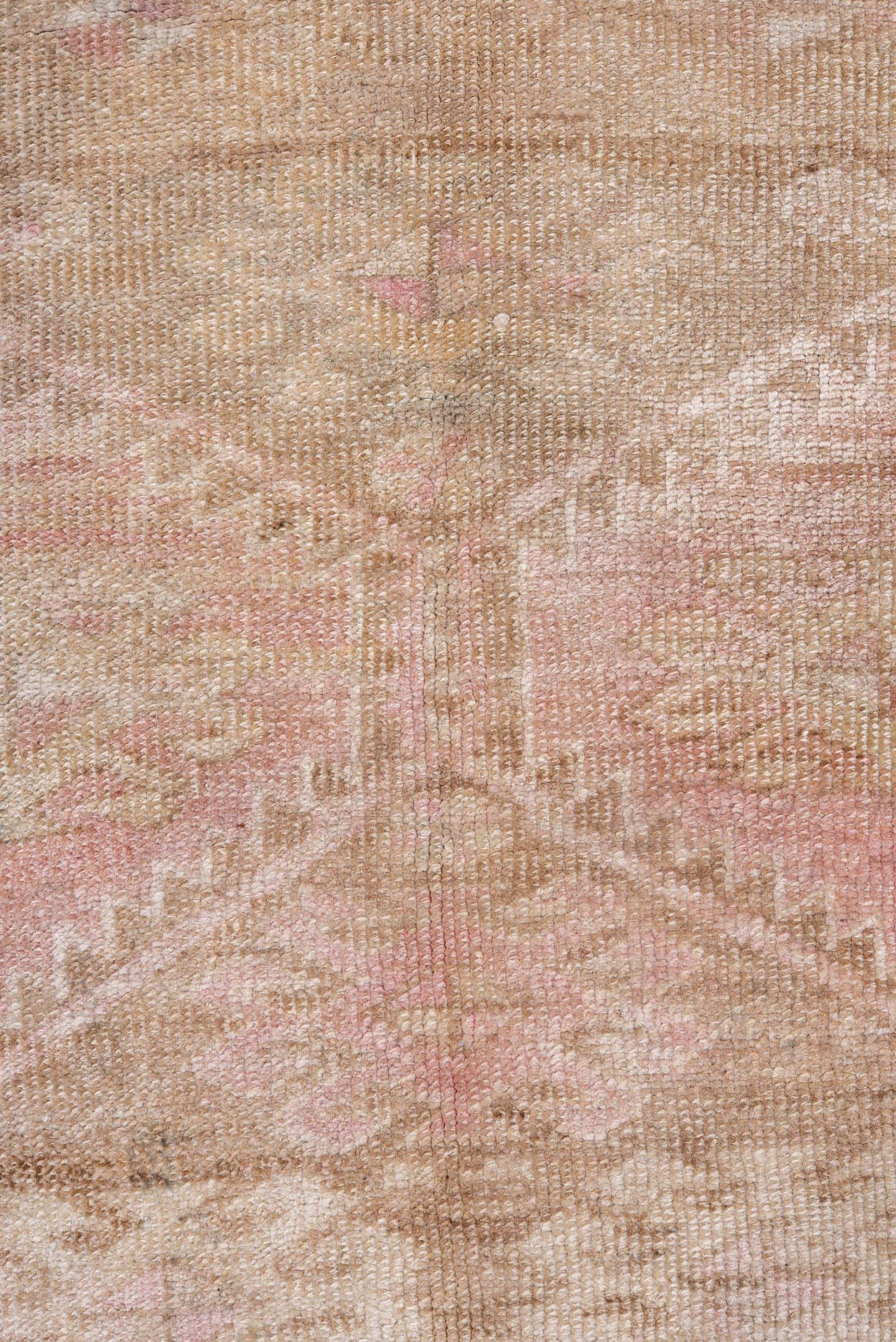 3' x 9' one-of-a-kind handmade vintage Meshed runner rug. Color palette: blush, ivory, taupe, rose, beige, pink, gray, red