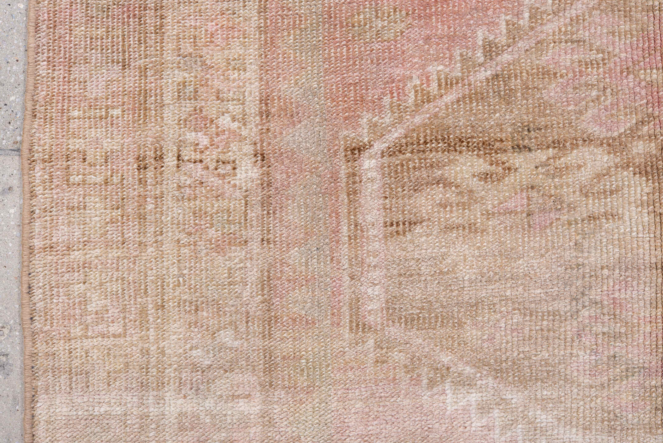 3' x 9' one-of-a-kind handmade vintage Meshed runner rug. Color palette: blush, ivory, taupe, rose, beige, pink, gray, red
