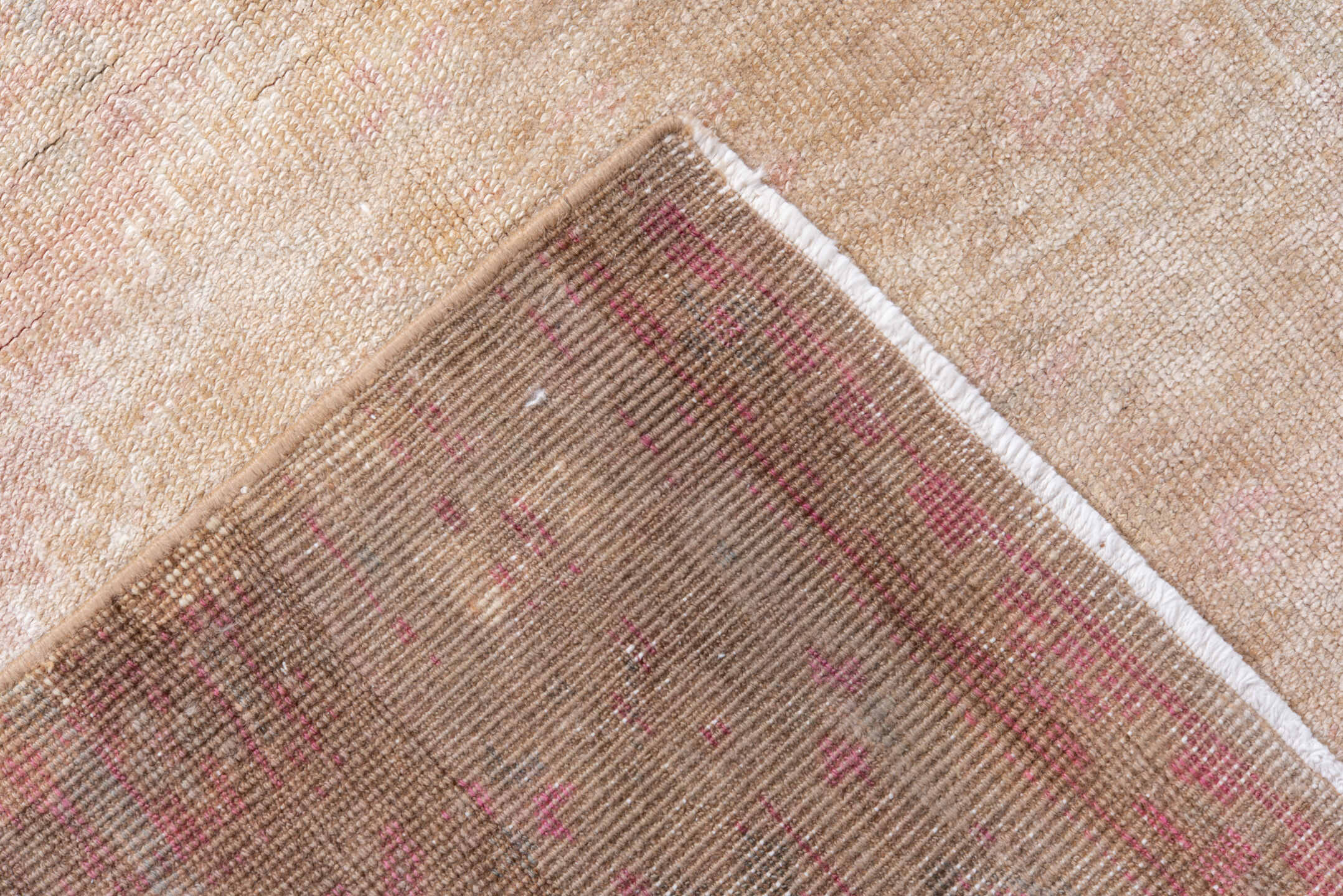 3' x 9' one-of-a-kind handmade vintage Meshed runner rug. Color palette: blush, ivory, taupe, rose, beige, pink, gray, red